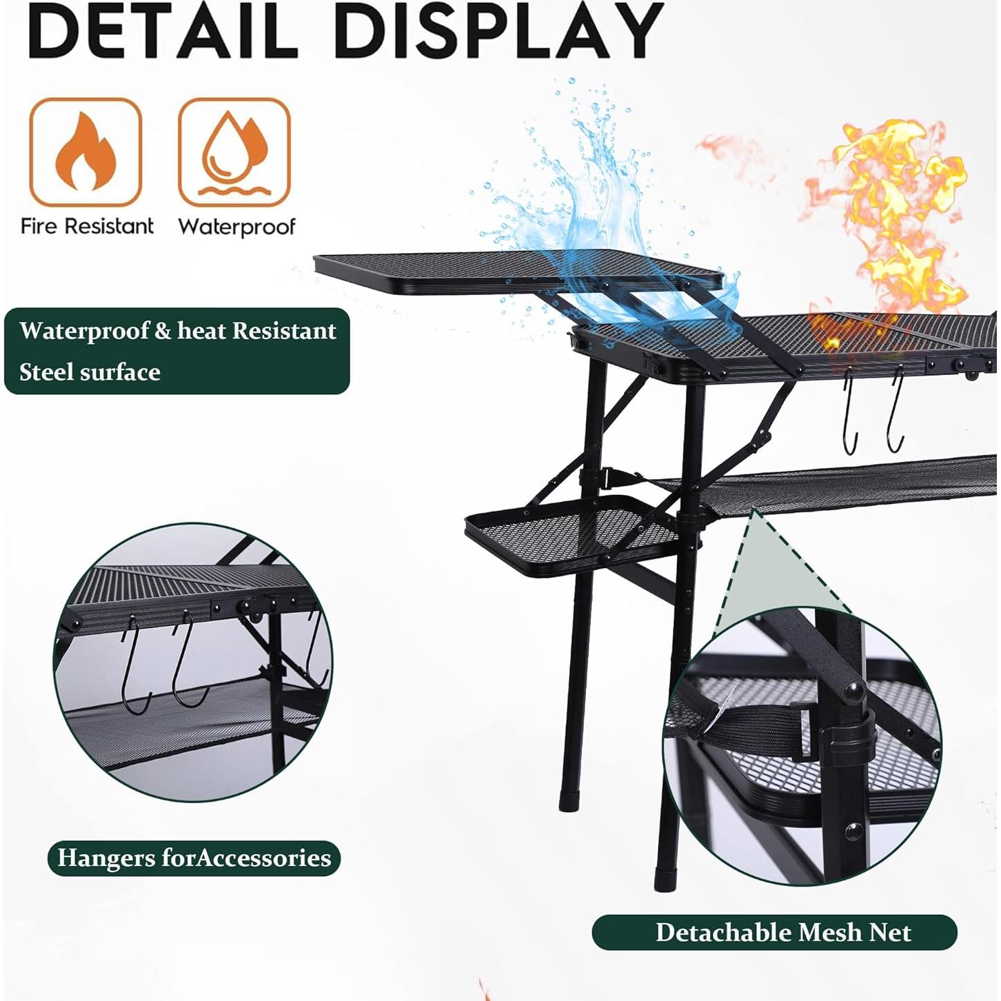 Camping Table, Compact Folding Table, Tailgate Grill Table, Outdoor Tables, Camping Tables That Fold Up Lightweight, with 4 Side Tables & Mesh Net for BBQ, Camping