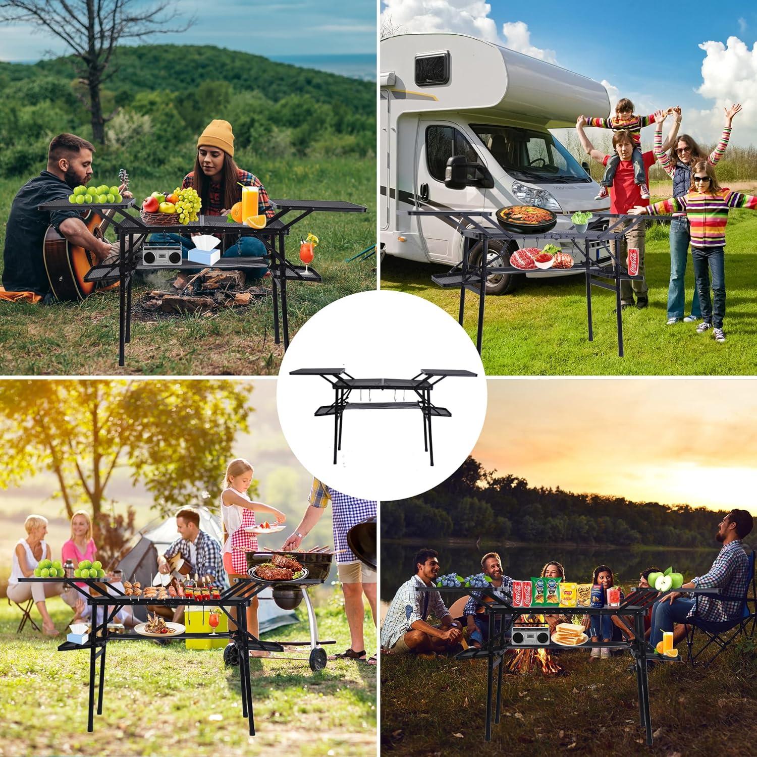 Camping Table, Compact Folding Table, Tailgate Grill Table, Outdoor Tables, Camping Tables That Fold Up Lightweight, with 4 Side Tables & Mesh Net for BBQ, Camping