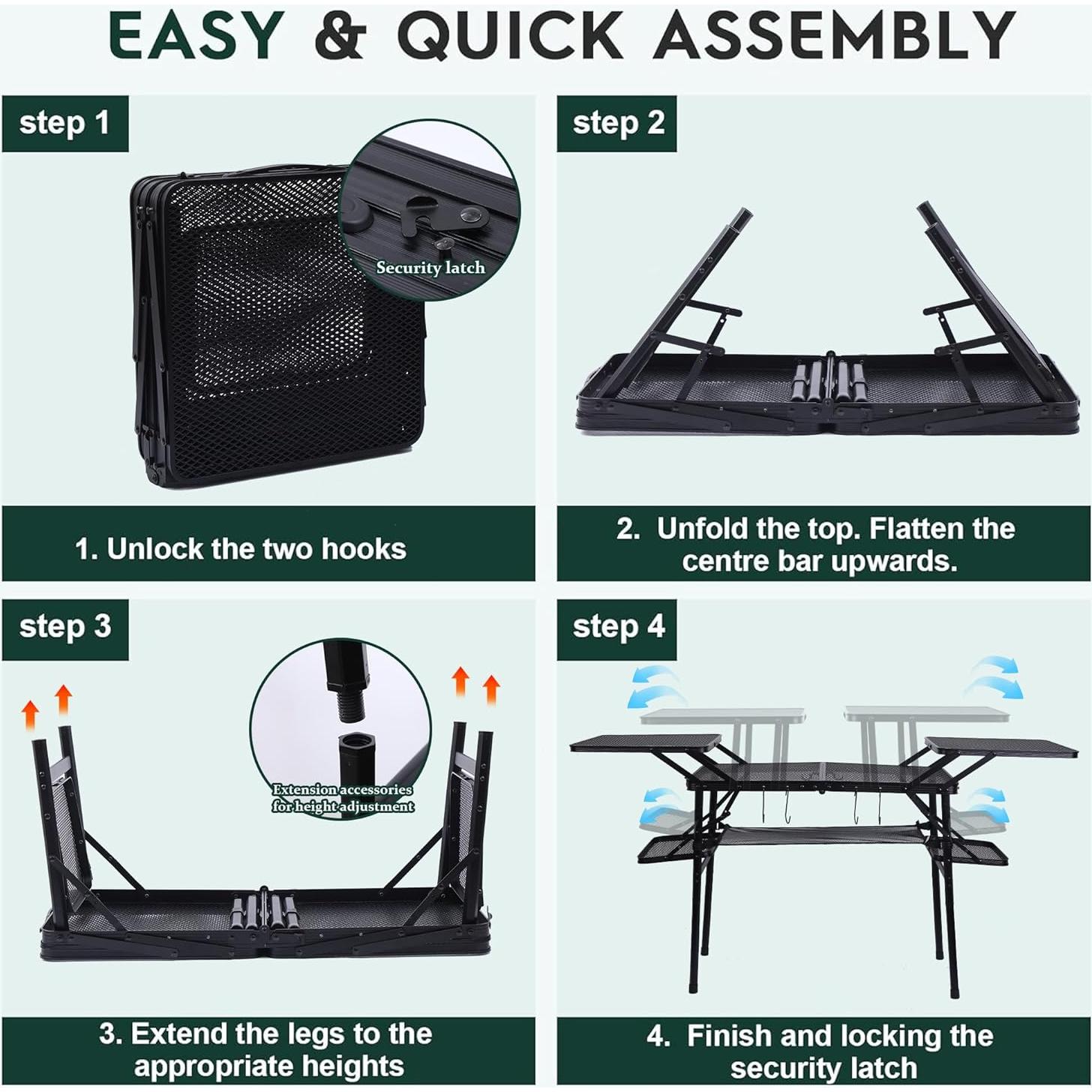 Camping Table, Compact Folding Table, Tailgate Grill Table, Outdoor Tables, Camping Tables That Fold Up Lightweight, with 4 Side Tables & Mesh Net for BBQ, Camping
