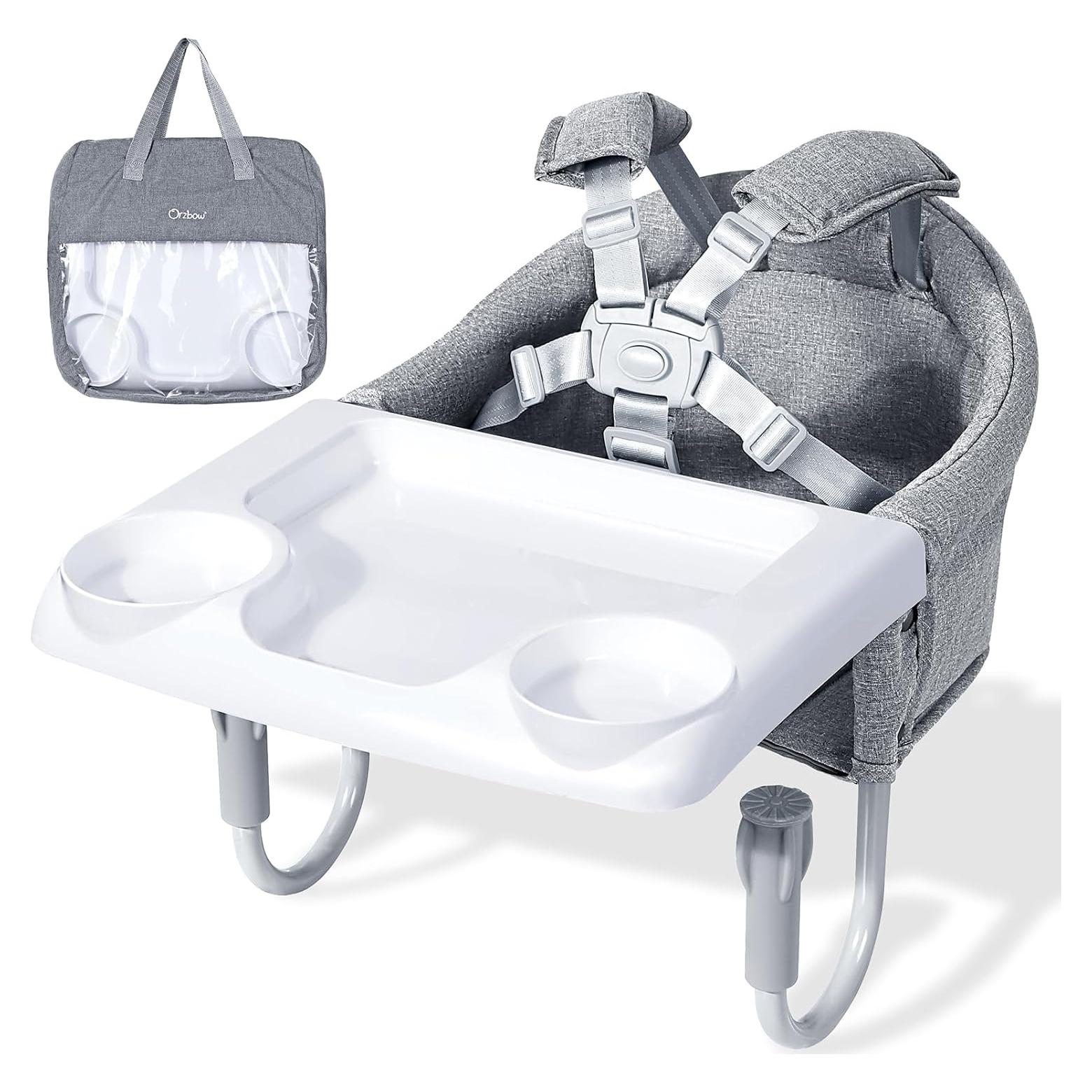 Silla Alta Portátil Orzbow Gris con Gancho y Bandeja Desmontable