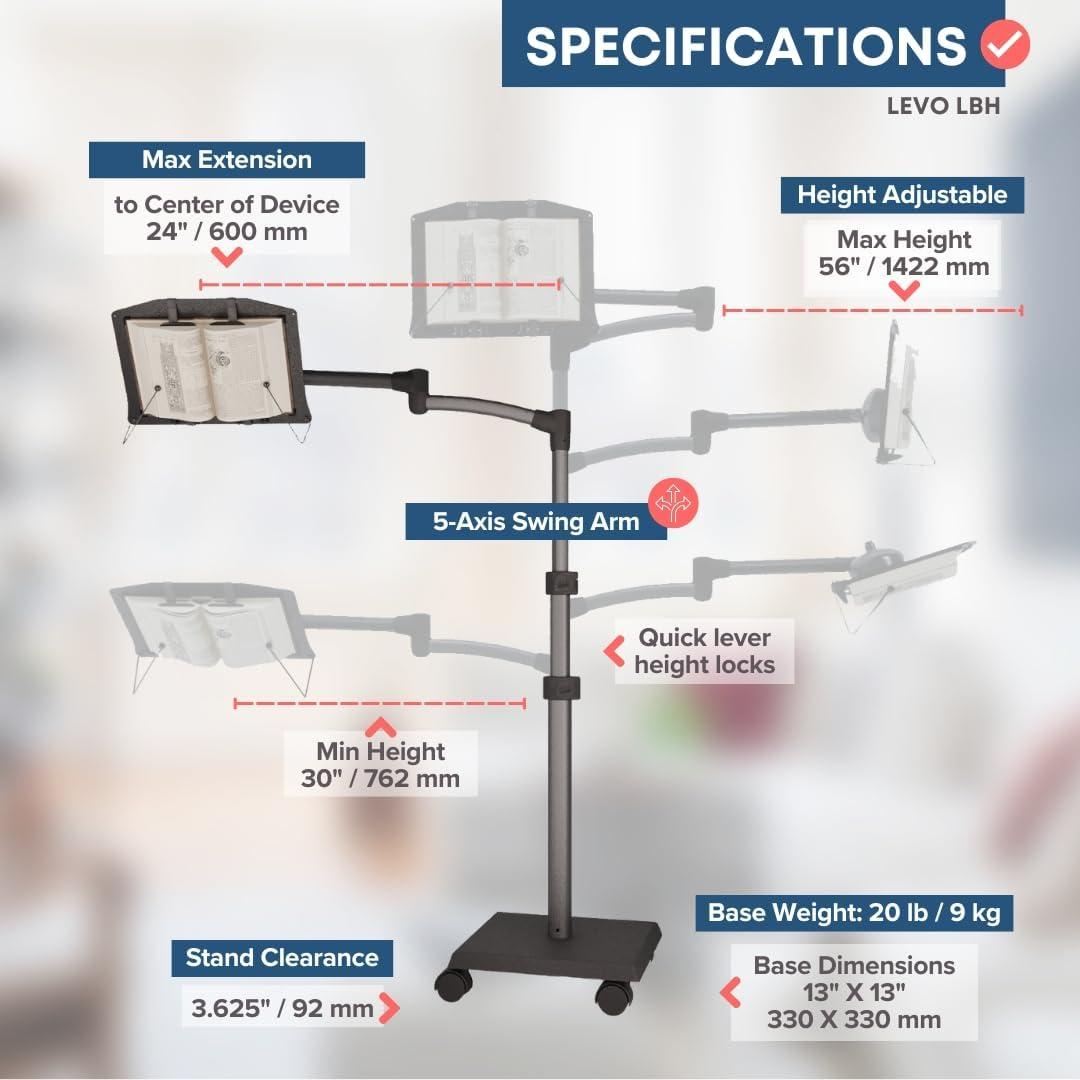 Soporte de Libro LEVO G2 Ajustable con Base Rodante - Ergonómico