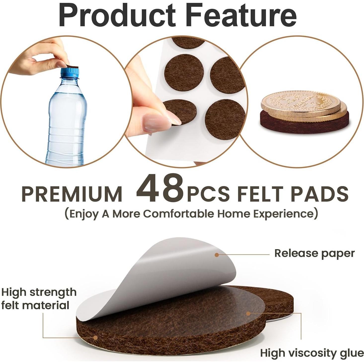 48 Almohadillas de Fieltro YOESSA para Muebles Marrón 25mm