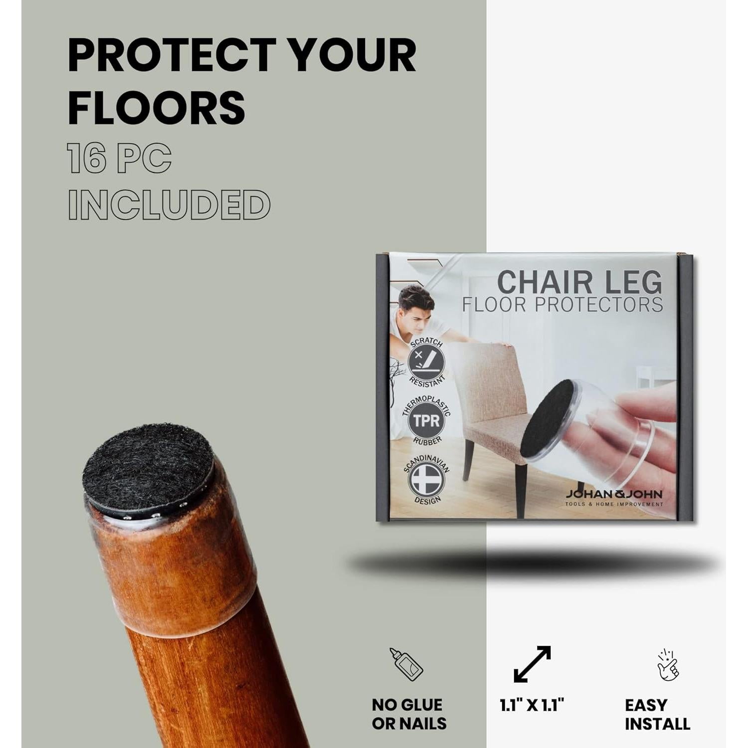 Protectores de Suelo para Patas de Sillas Johan & John - 16 Unidades con Almohadillas de Fieltro