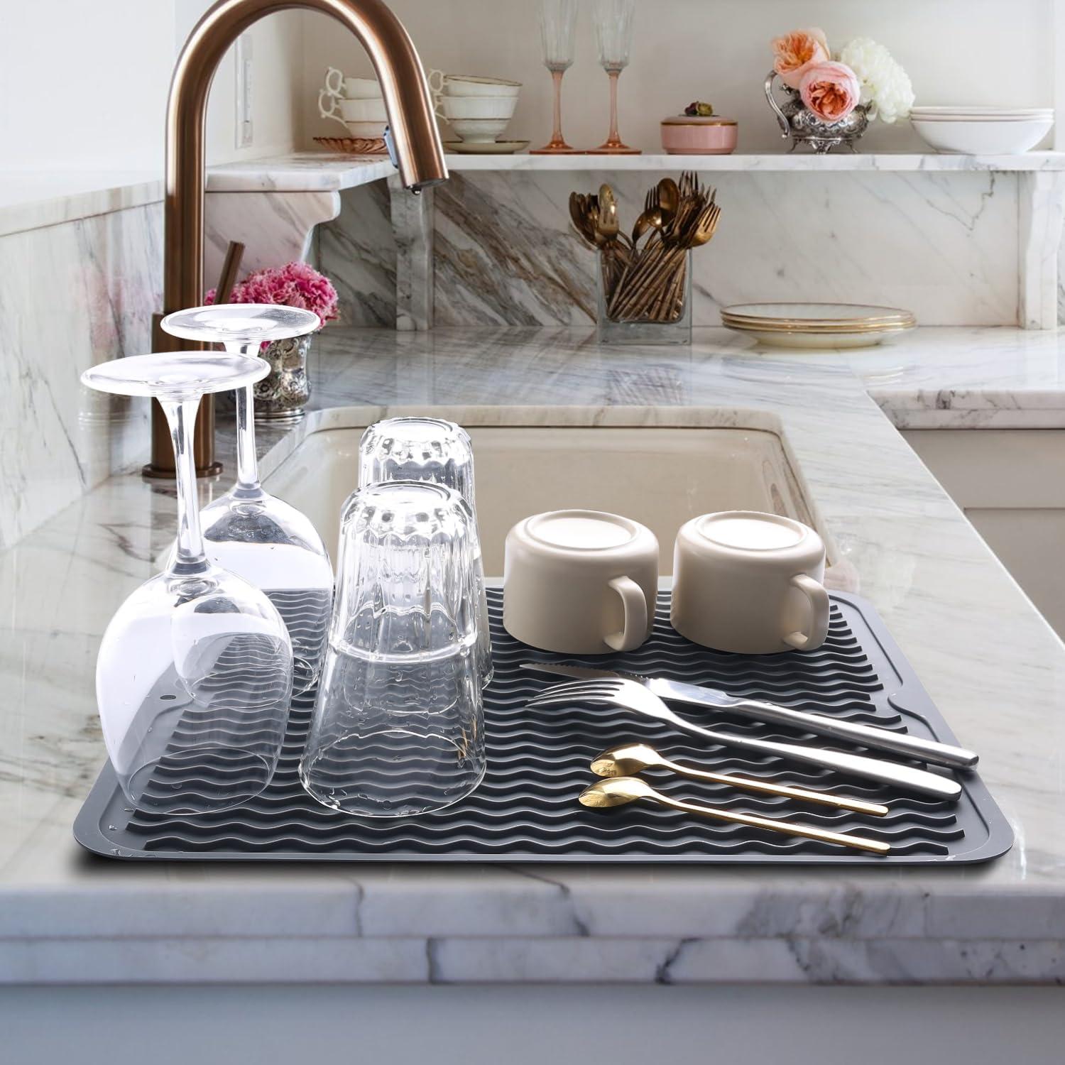 Alfombrilla de Secado de Platos de Silicona AOJOYS - 2 Piezas Gris