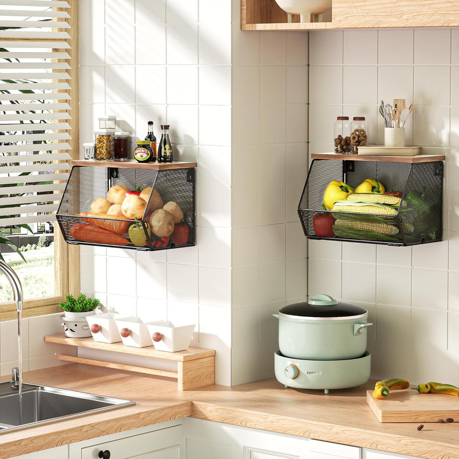 Cesta de Frutas Apilable Litwaro con Tapa de Madera - 2 Piezas