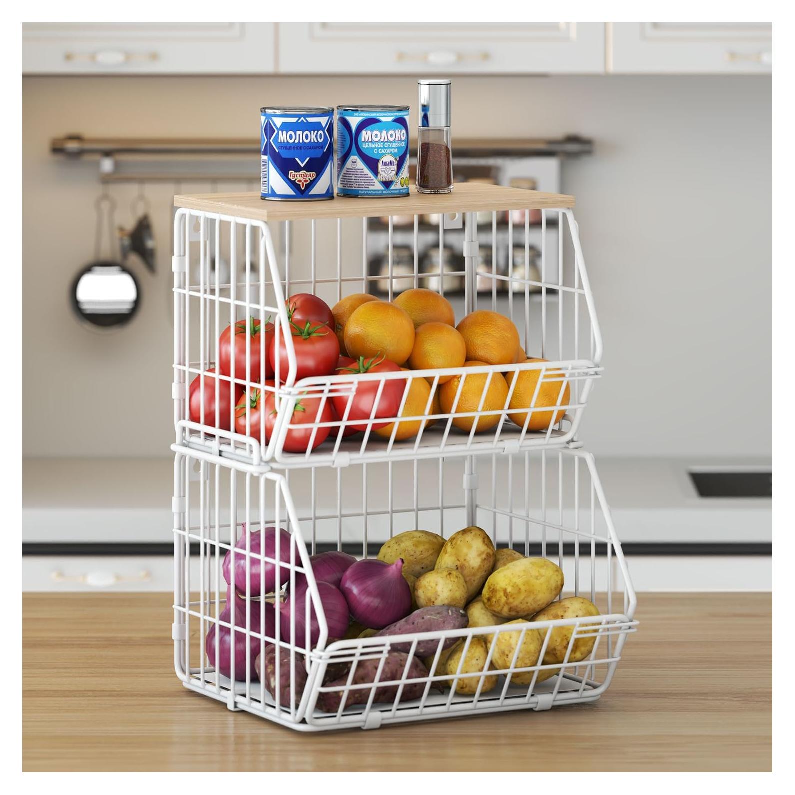 Cesta de Almacenamiento Apilable Wetheny con Tapa de Madera - 2 Niveles