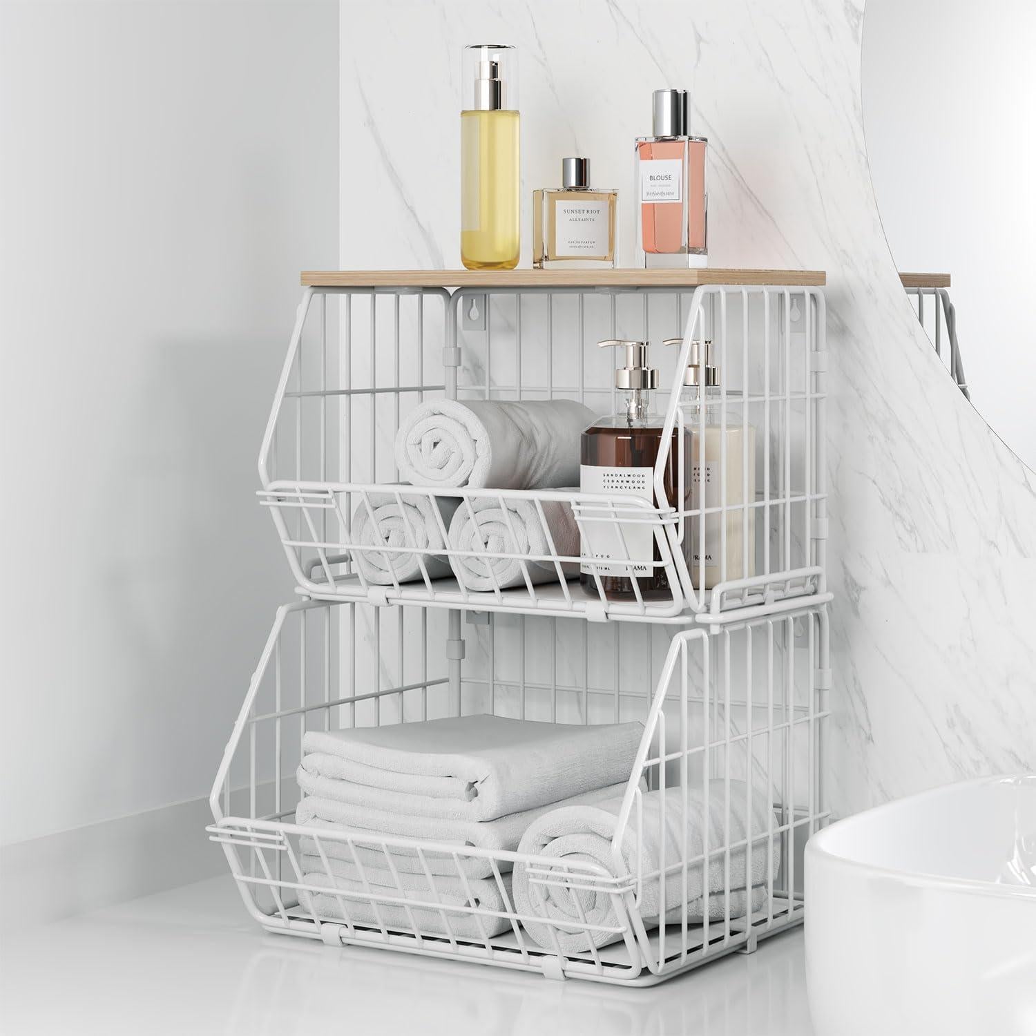 Cesta de Almacenamiento Apilable Wetheny con Tapa de Madera - 2 Niveles