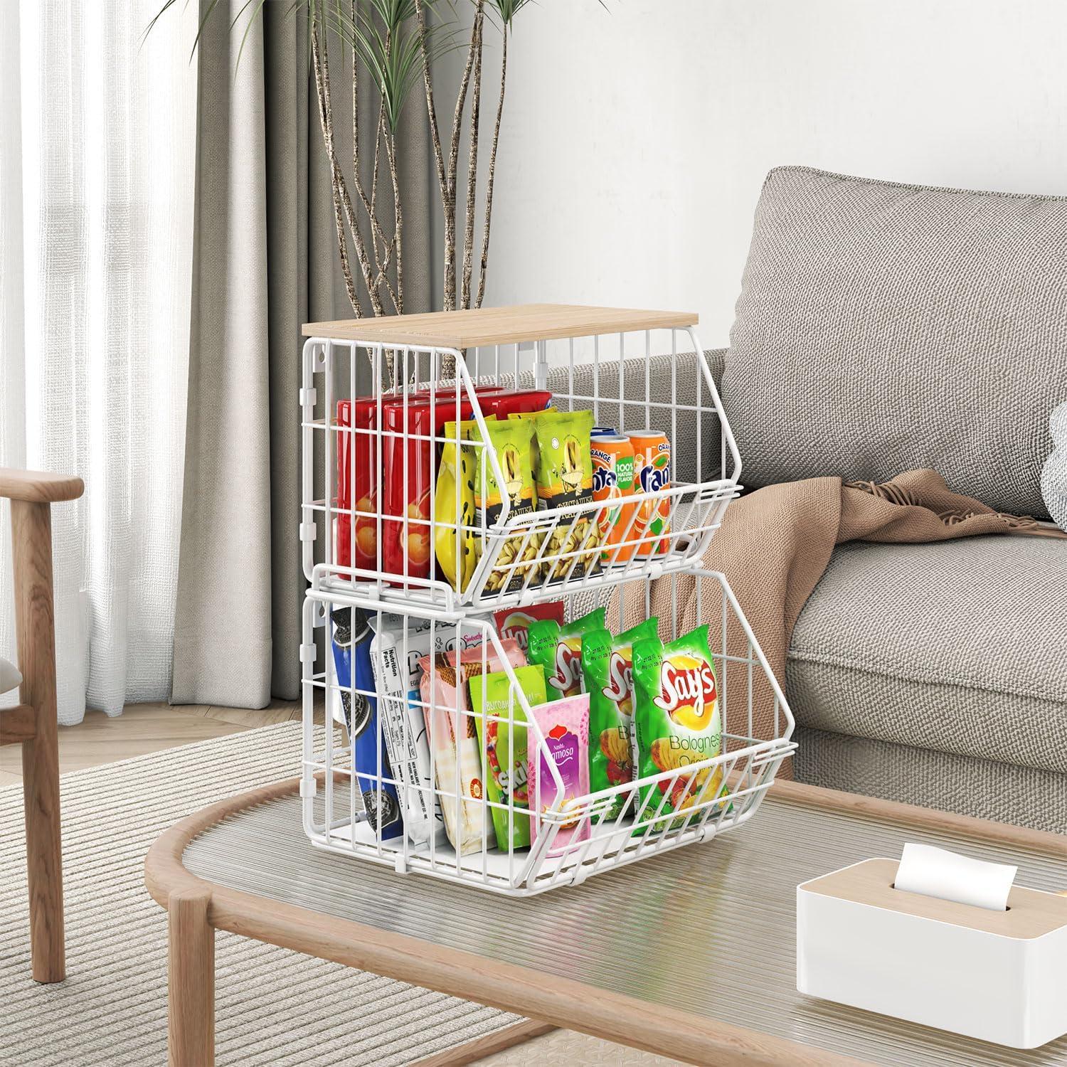 Cesta de Almacenamiento Apilable Wetheny con Tapa de Madera - 2 Niveles