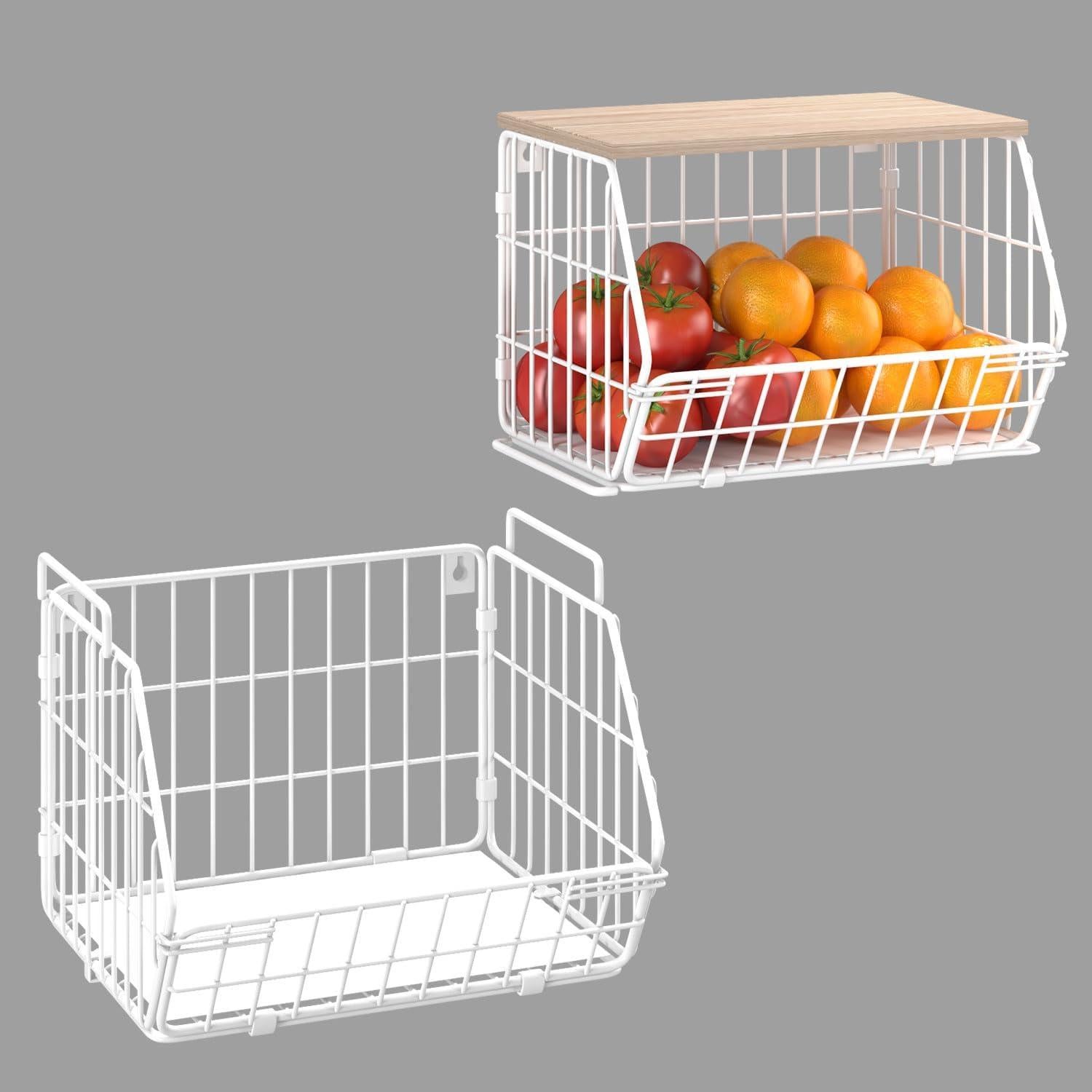 Cesta de Almacenamiento Apilable Wetheny con Tapa de Madera - 2 Niveles