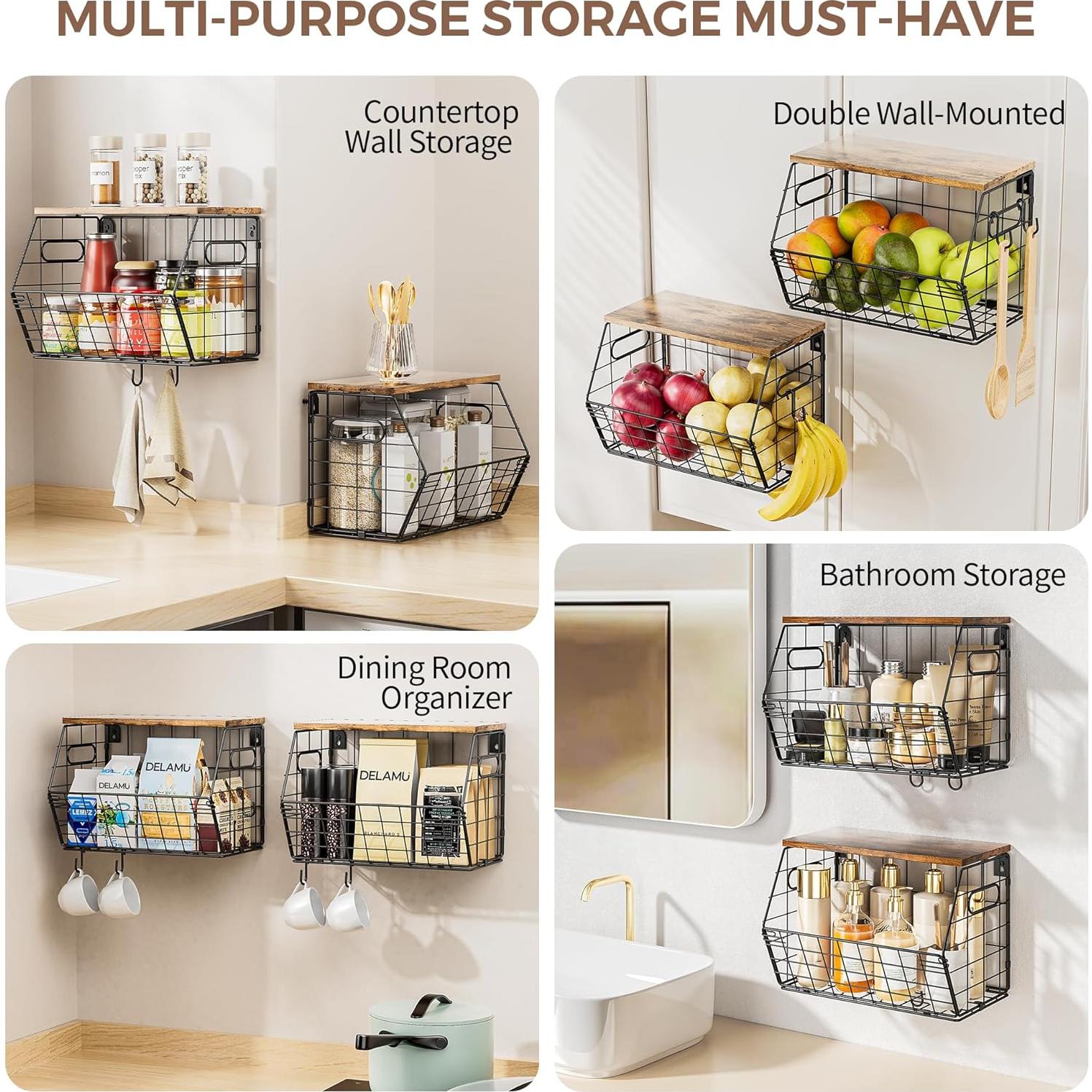 Cesta de Frutas Apilable Delamu 2 Paquete con Tapa de Madera