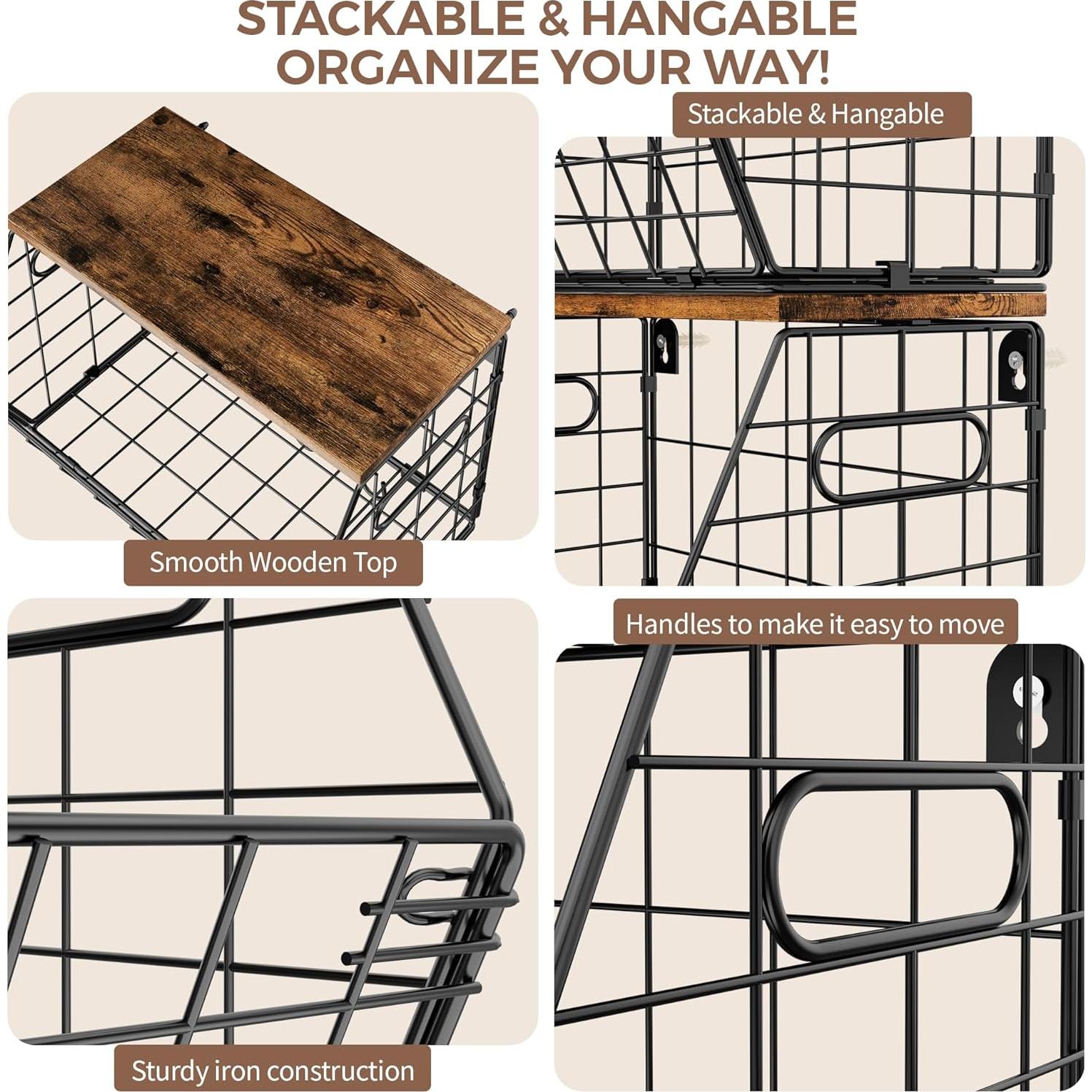 Cesta de Frutas Apilable Delamu 2 Paquete con Tapa de Madera