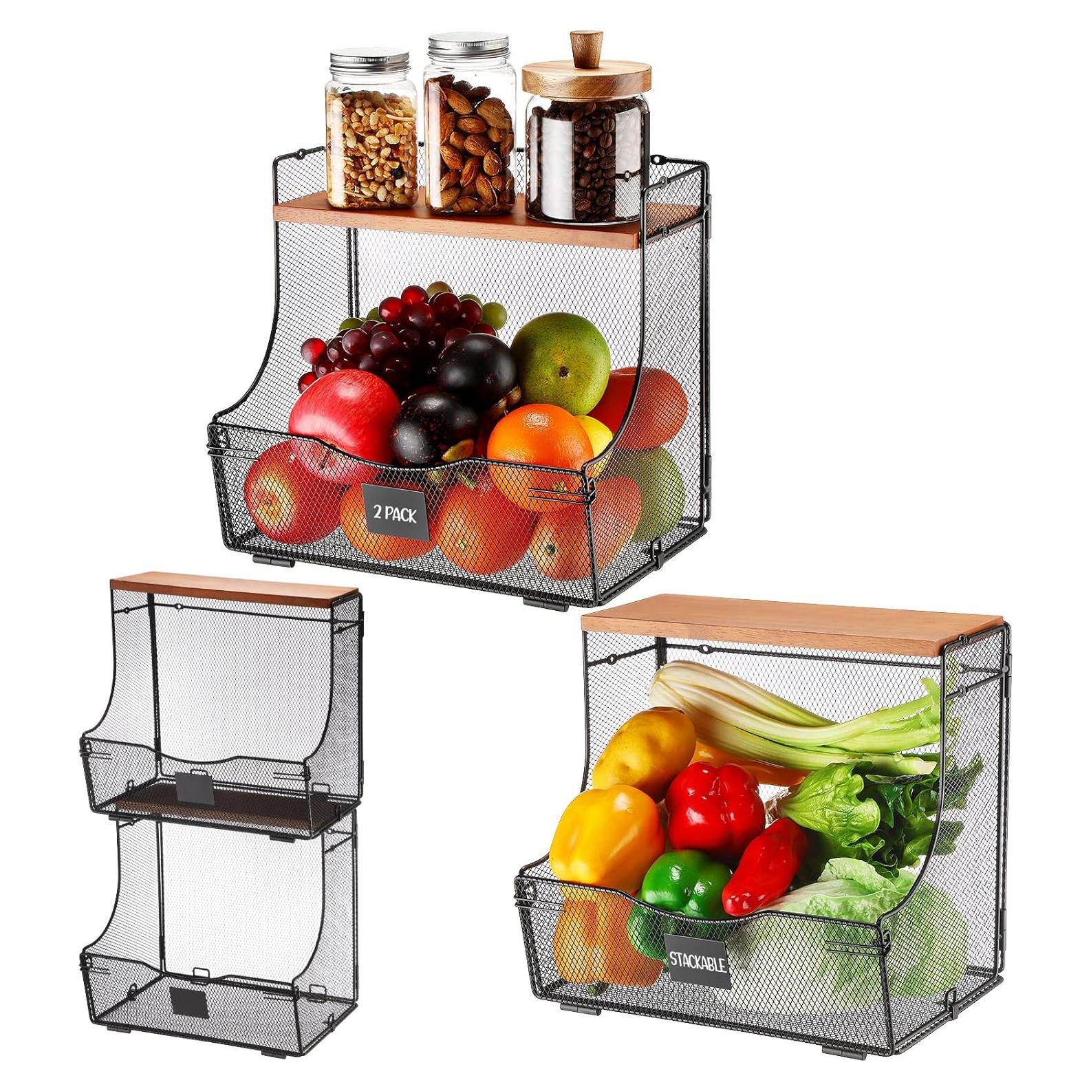 Cestas de Frutas Apilables Honeydak 2 Piezas con Tapa de Madera