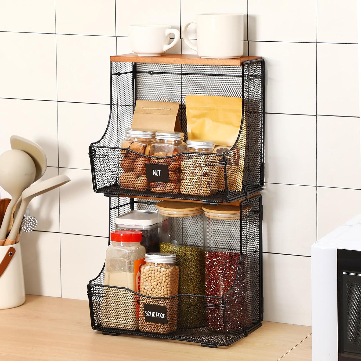 Cestas de Frutas Apilables Honeydak 2 Piezas con Tapa de Madera