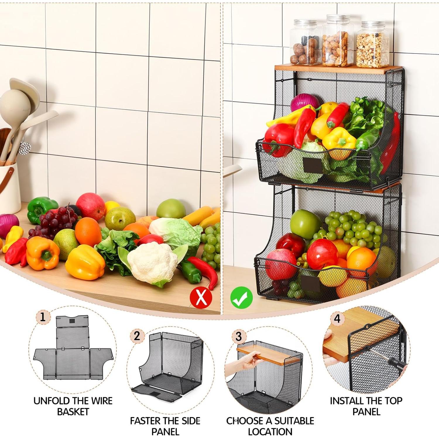 Cestas de Frutas Apilables Honeydak 2 Piezas con Tapa de Madera