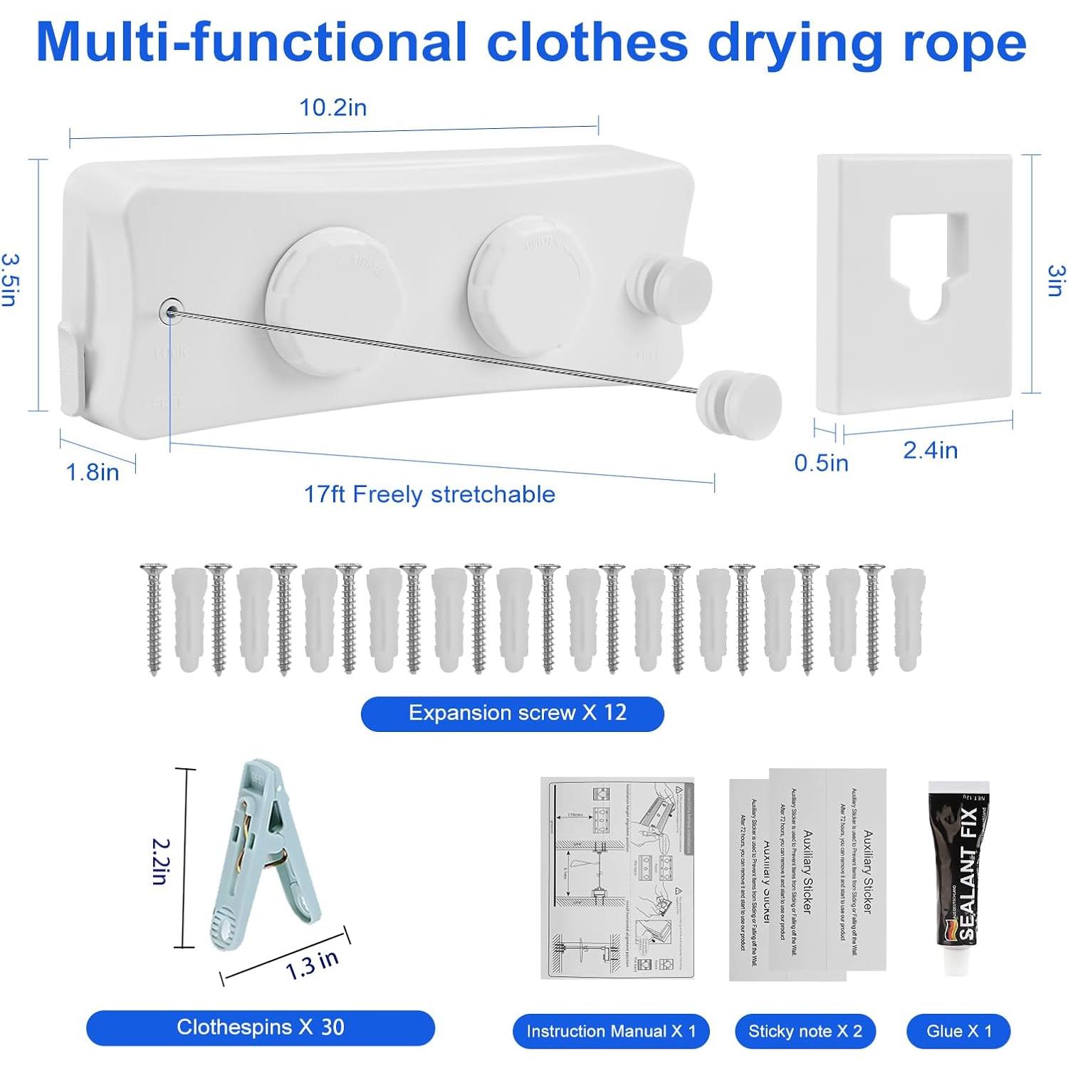 Cuerda Retráctil para Ropa Qiviluto 5.18m con 30 Pinzas