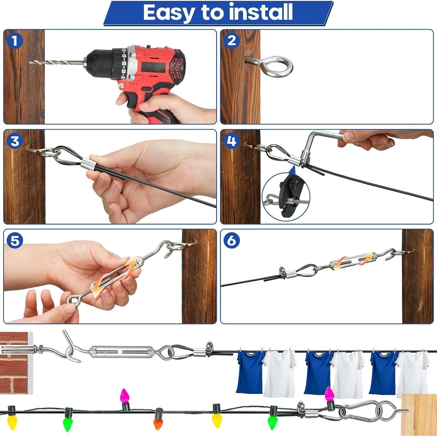 Kit de Cable de Acero Inoxidable 1/8" 61m TooTaci con Tensores