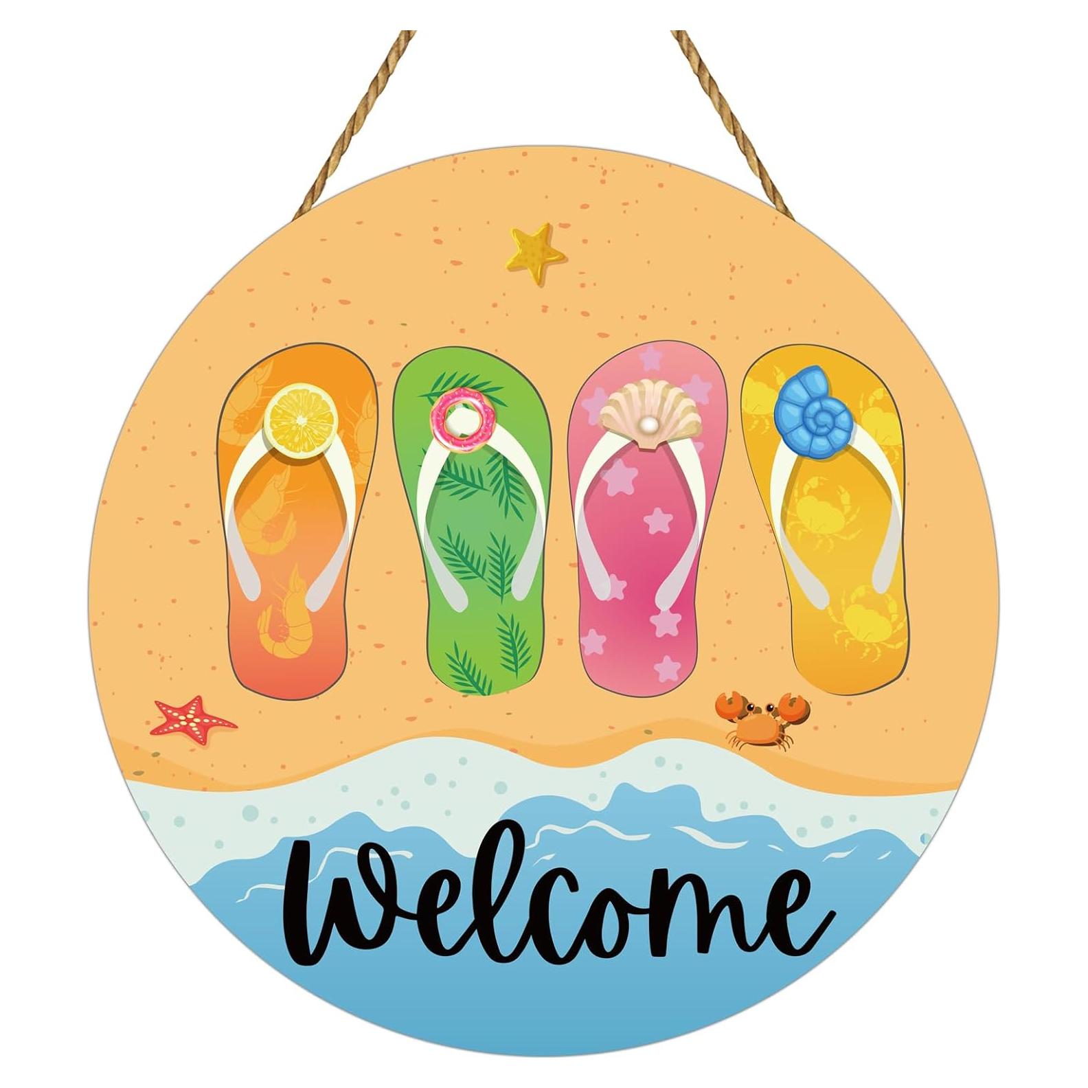 Cartel de Bienvenida Redondo de Verano Chanclas Playa 30cm