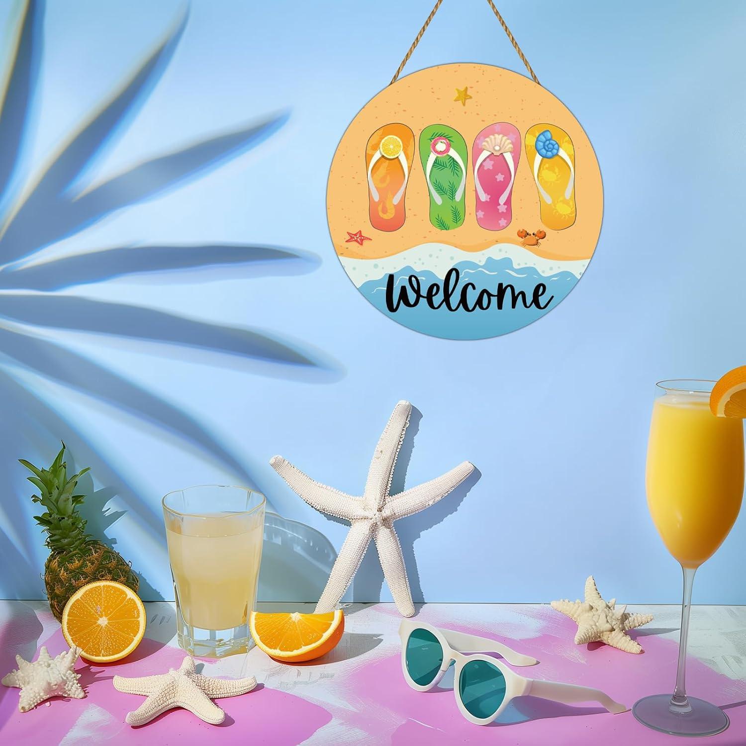 Cartel de Bienvenida Redondo de Verano Chanclas Playa 30cm
