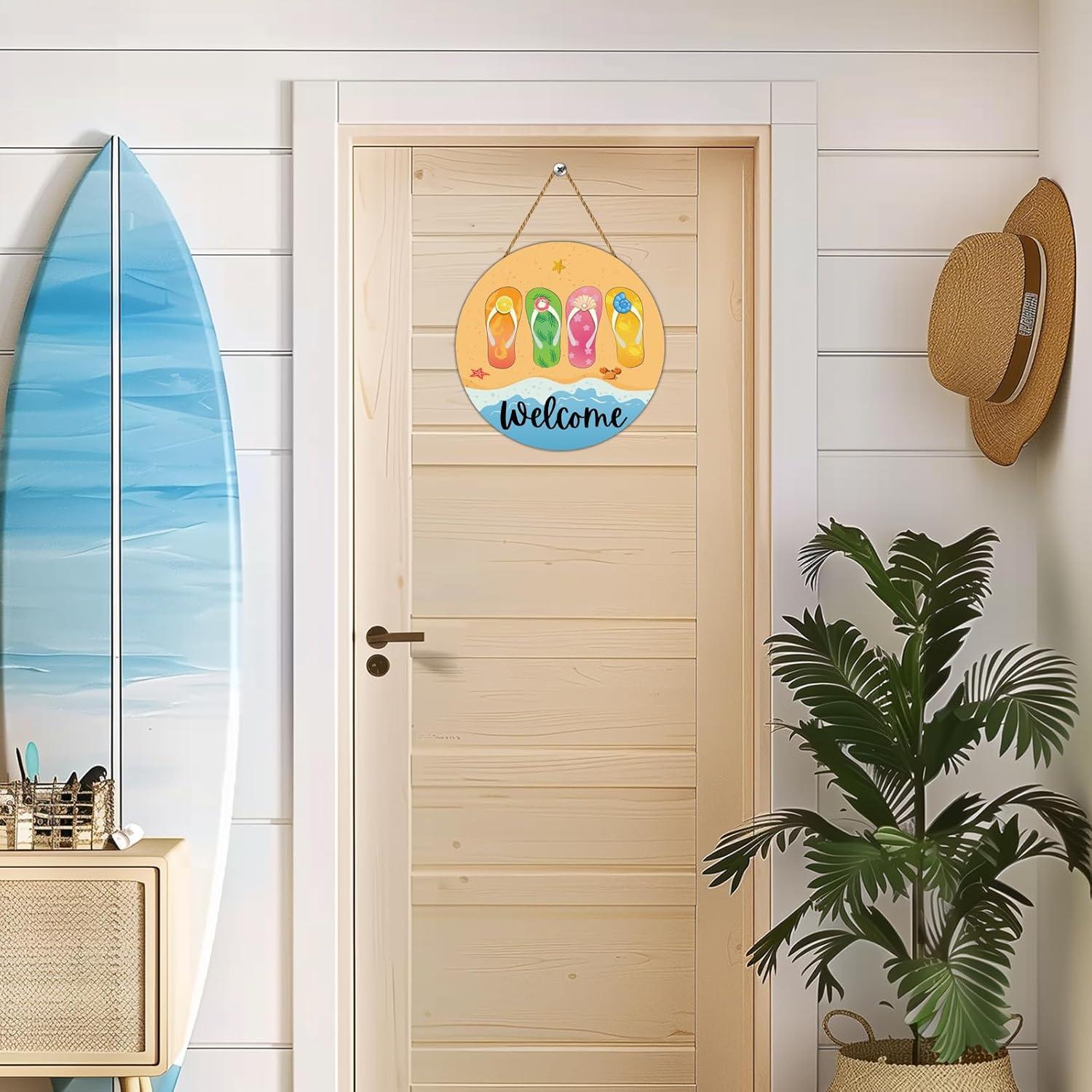 Cartel de Bienvenida Redondo de Verano Chanclas Playa 30cm