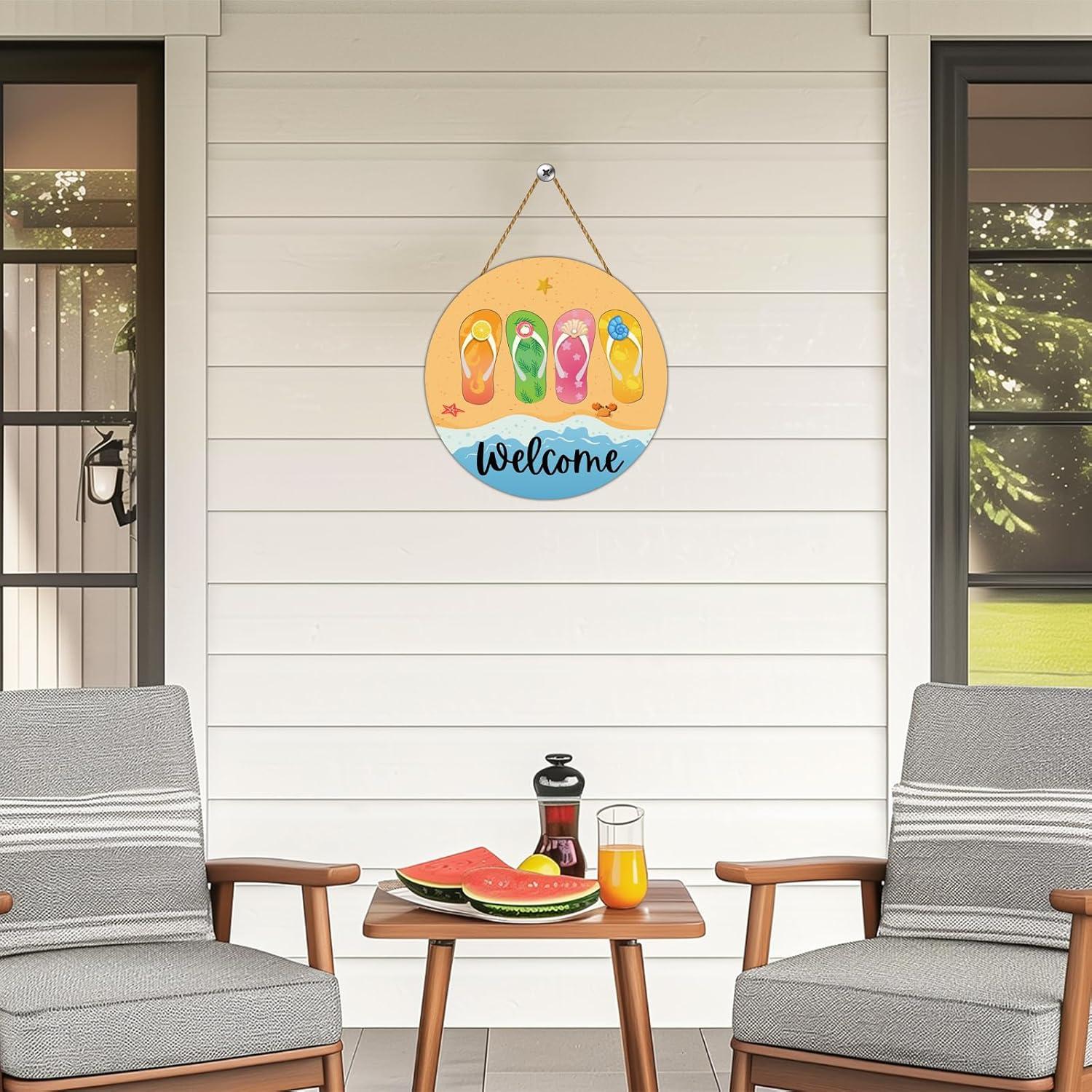 Cartel de Bienvenida Redondo de Verano Chanclas Playa 30cm