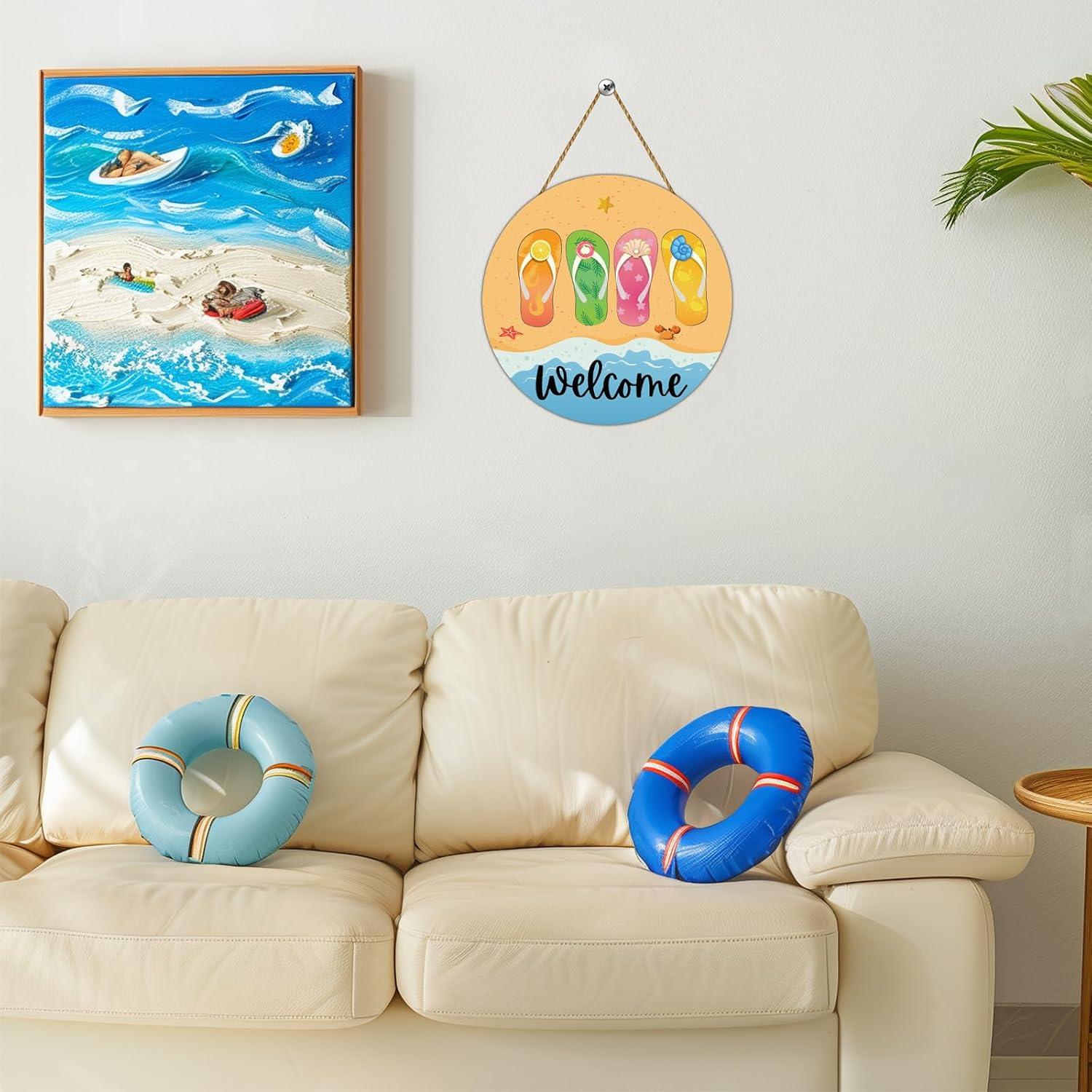 Cartel de Bienvenida Redondo de Verano Chanclas Playa 30cm