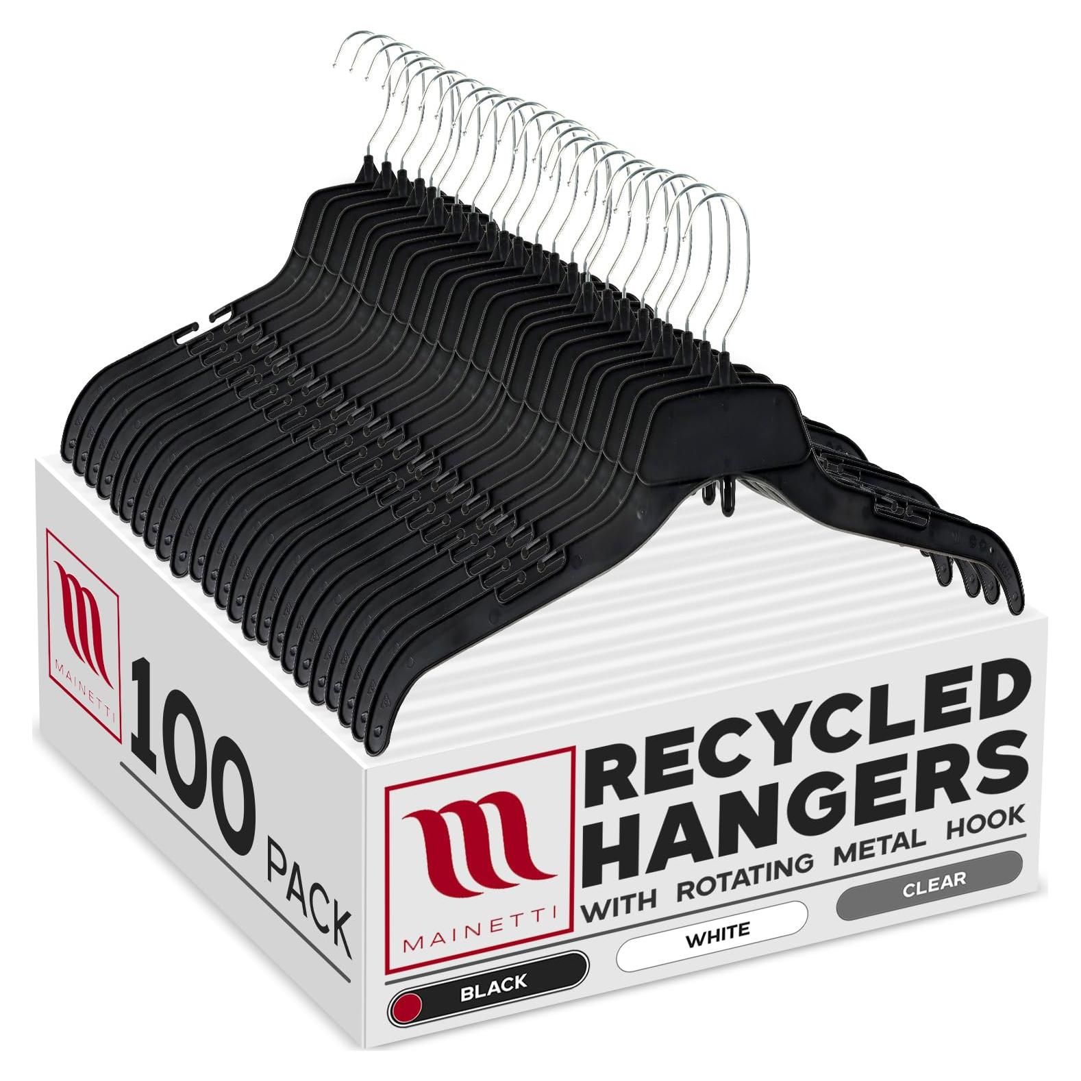 Perchas de Plástico Negras Mainetti 484 - Paquete de 100 con Gancho Metálico Giratorio 43 cm