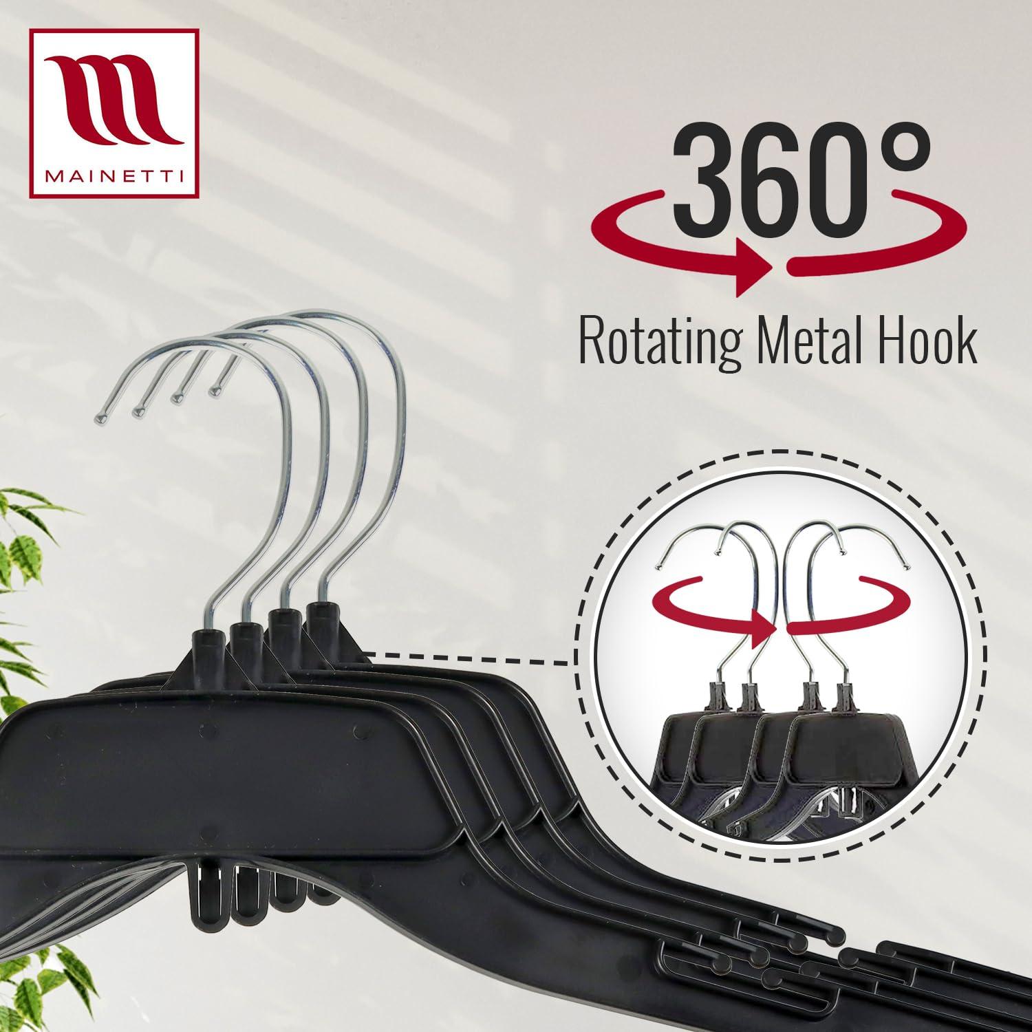 Perchas de Plástico Negras Mainetti 484 - Paquete de 100 con Gancho Metálico Giratorio 43 cm