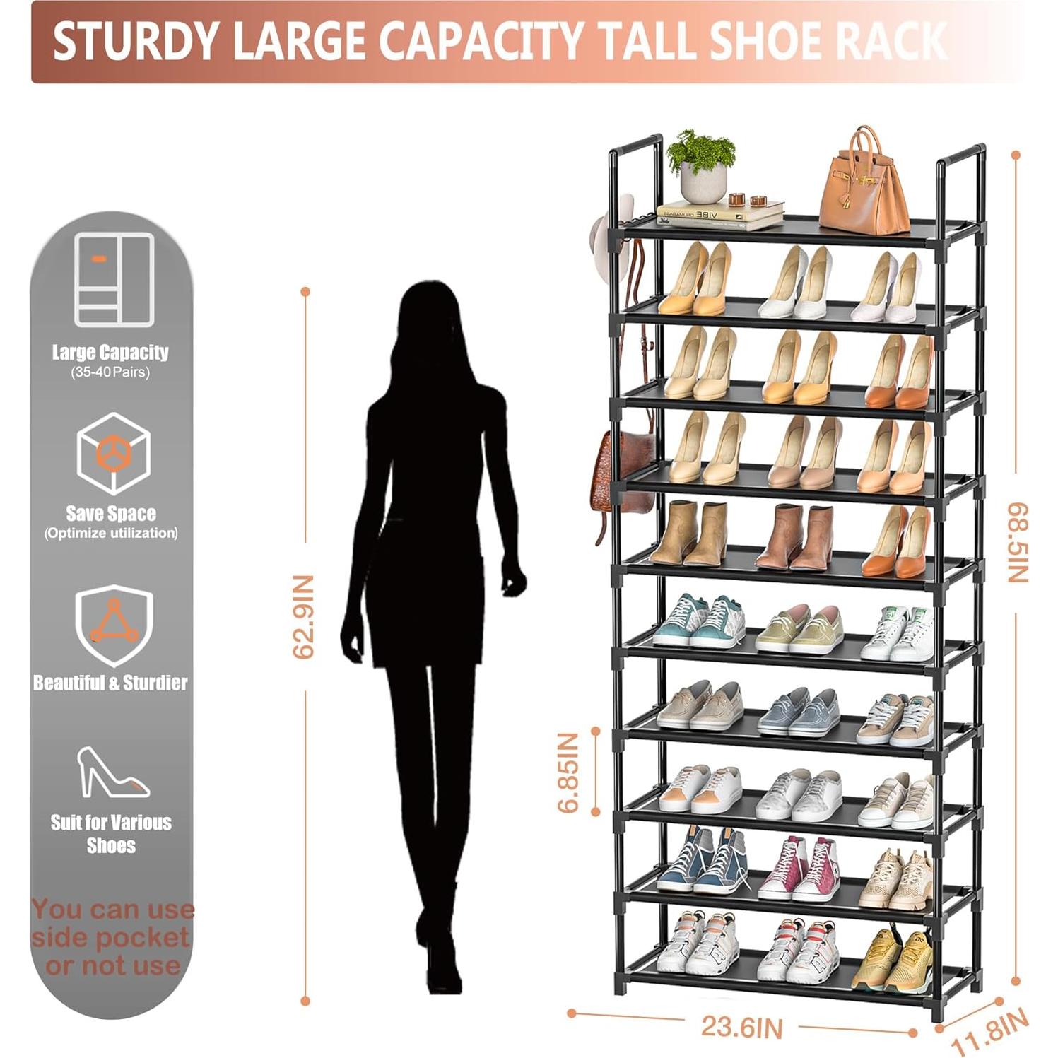 Estante de Zapatos Alto LUKYTOWER 10 Niveles Negro 60x30x174cm