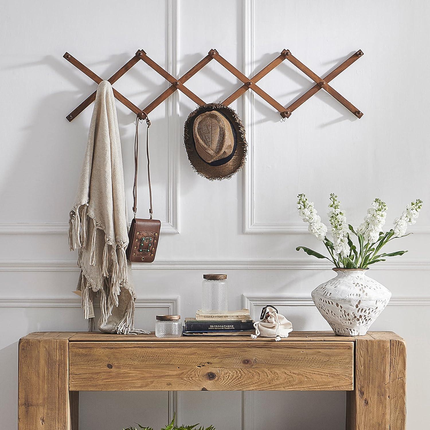 Perchero de Pared SKOLOO Moderno con 14 Ganchos de Madera Nogal