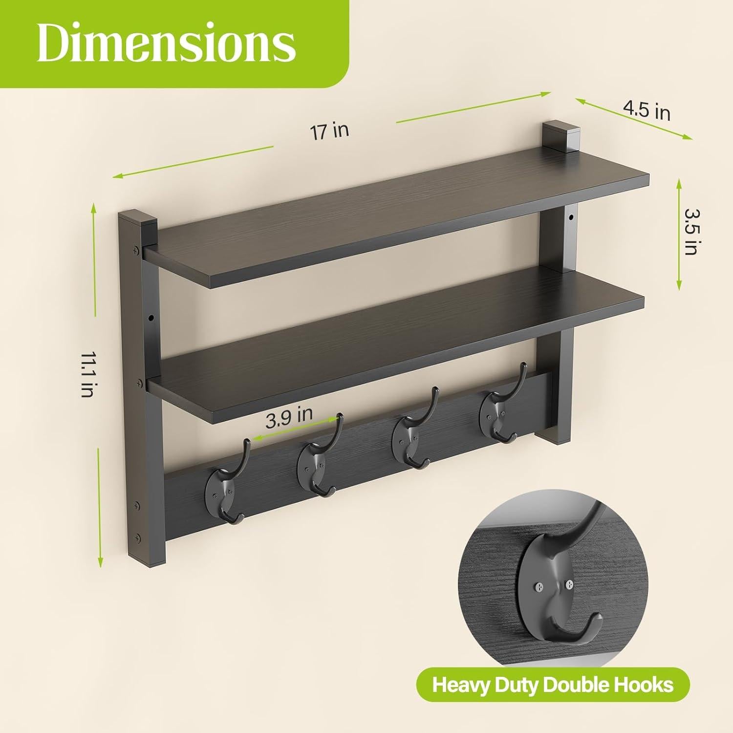 Estante de Pared Orapoke Negro 43 cm con Ganchos Dobles