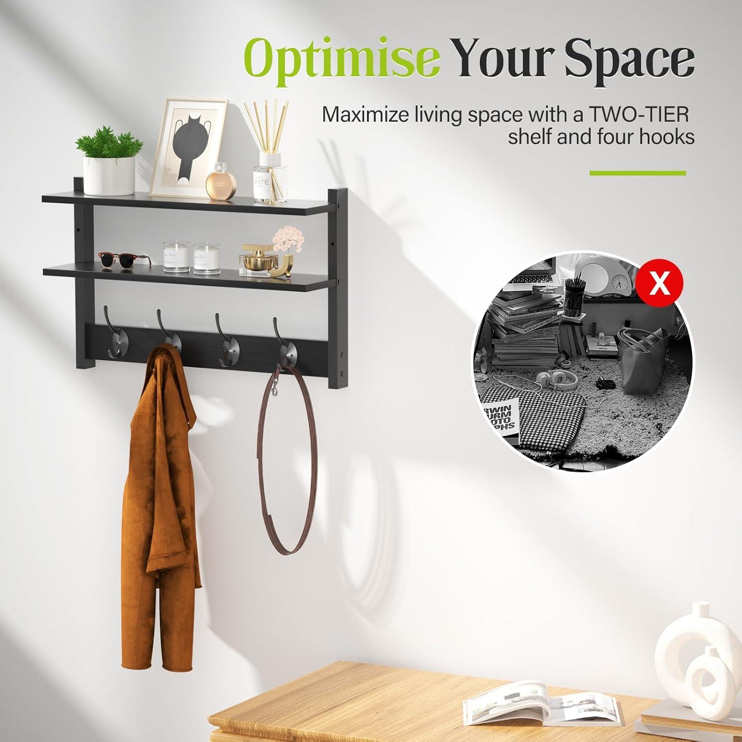 Estante de Pared Orapoke Negro 43 cm con Ganchos Dobles