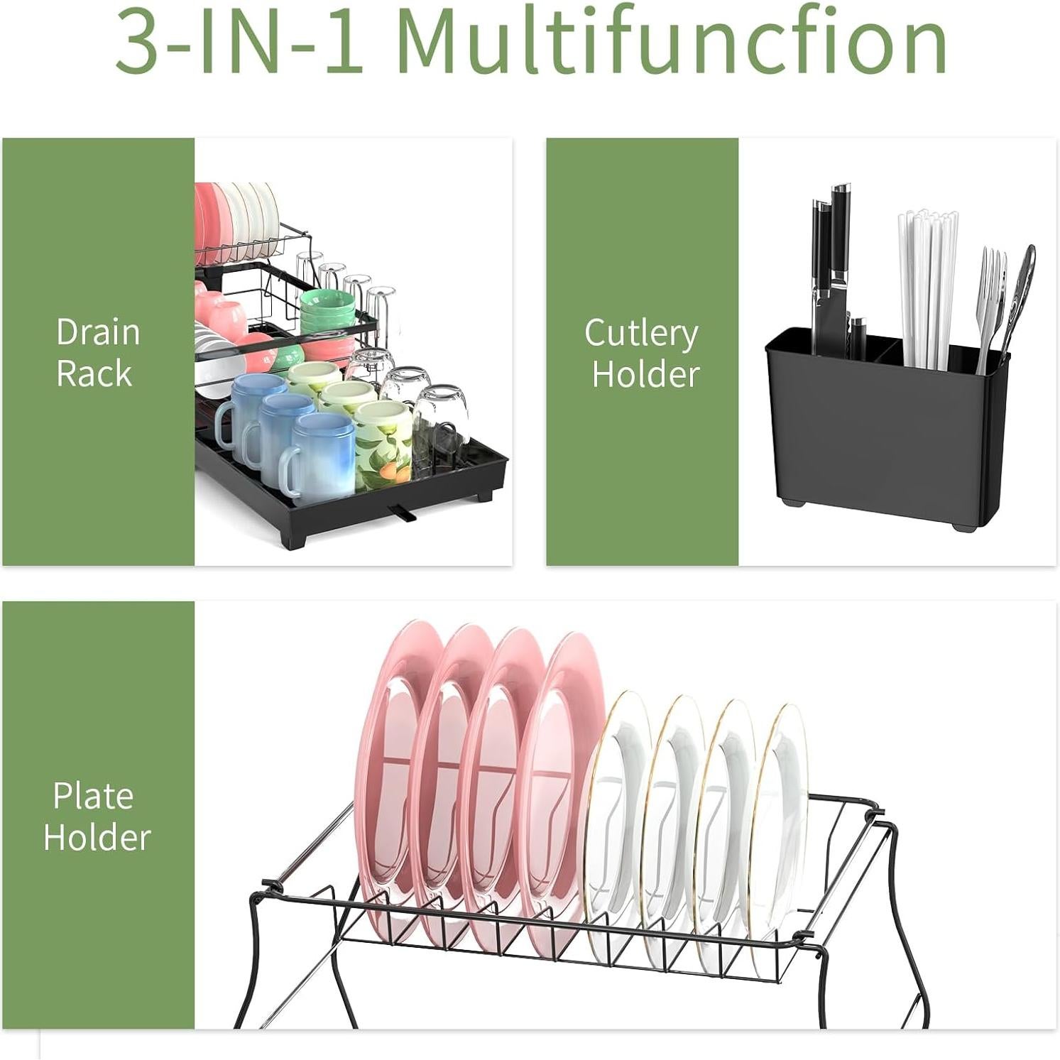 Estante de Secado de Platos PINCHENG 2 Niveles con Drenaje Automático