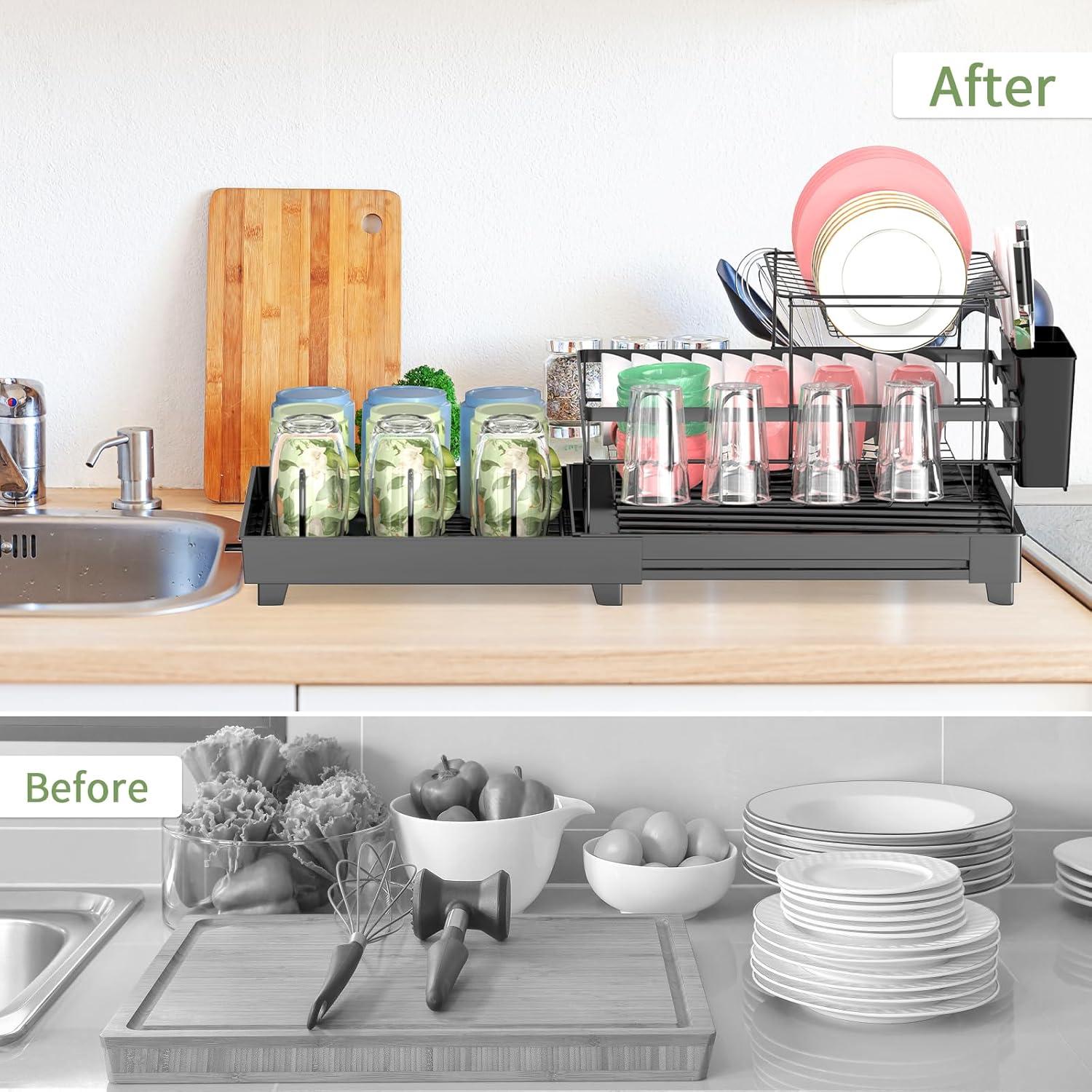 Estante de Secado de Platos PINCHENG 2 Niveles con Drenaje Automático