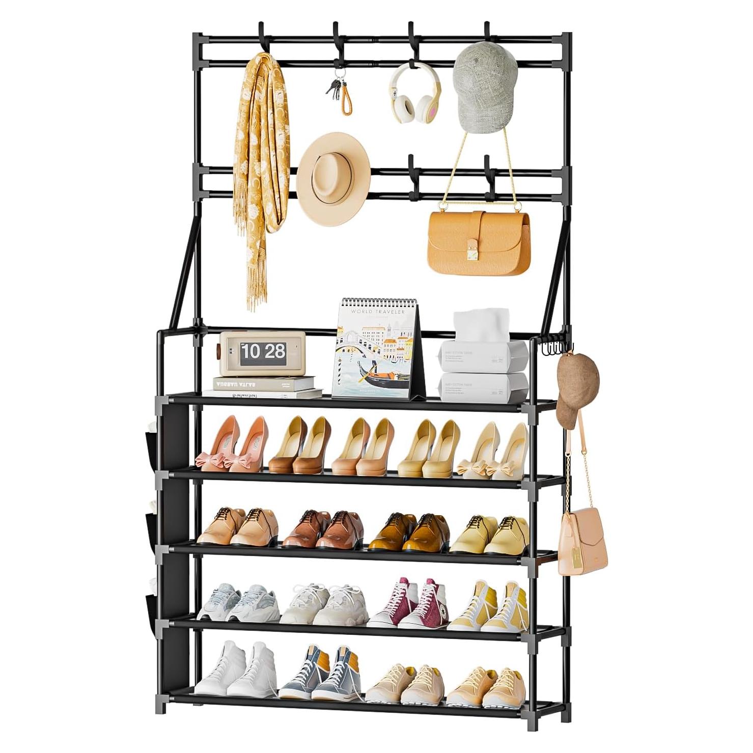 Estante para zapatos OYREL 5 niveles negro con ganchos y bolsillos