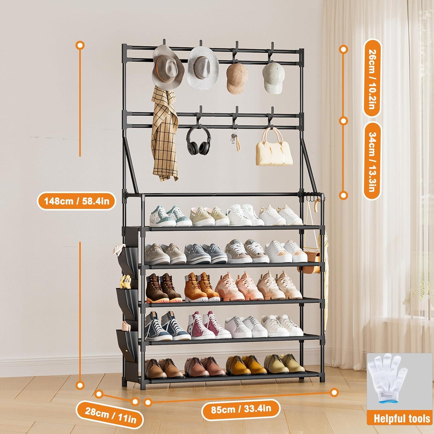 Estante para zapatos OYREL 5 niveles negro con ganchos y bolsillos