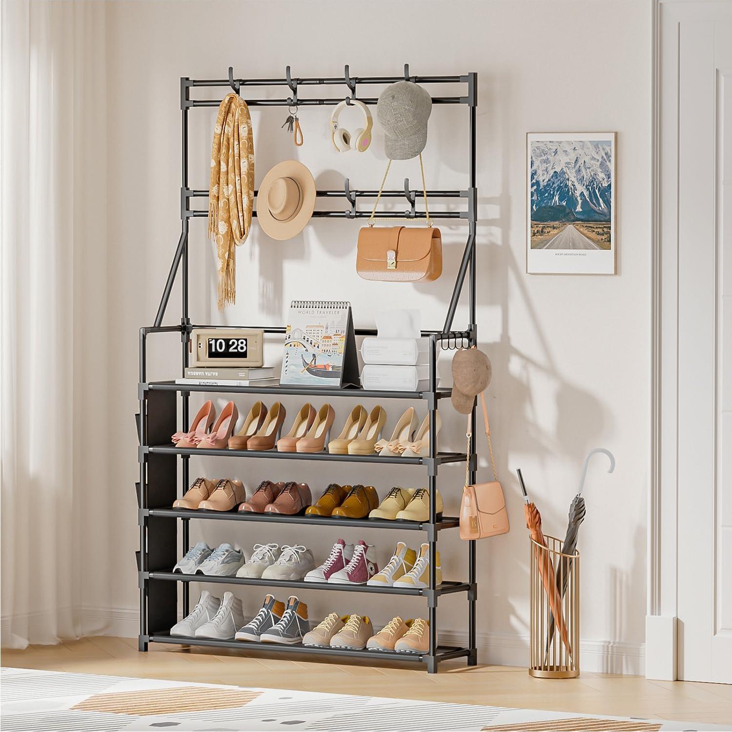 Estante para zapatos OYREL 5 niveles negro con ganchos y bolsillos