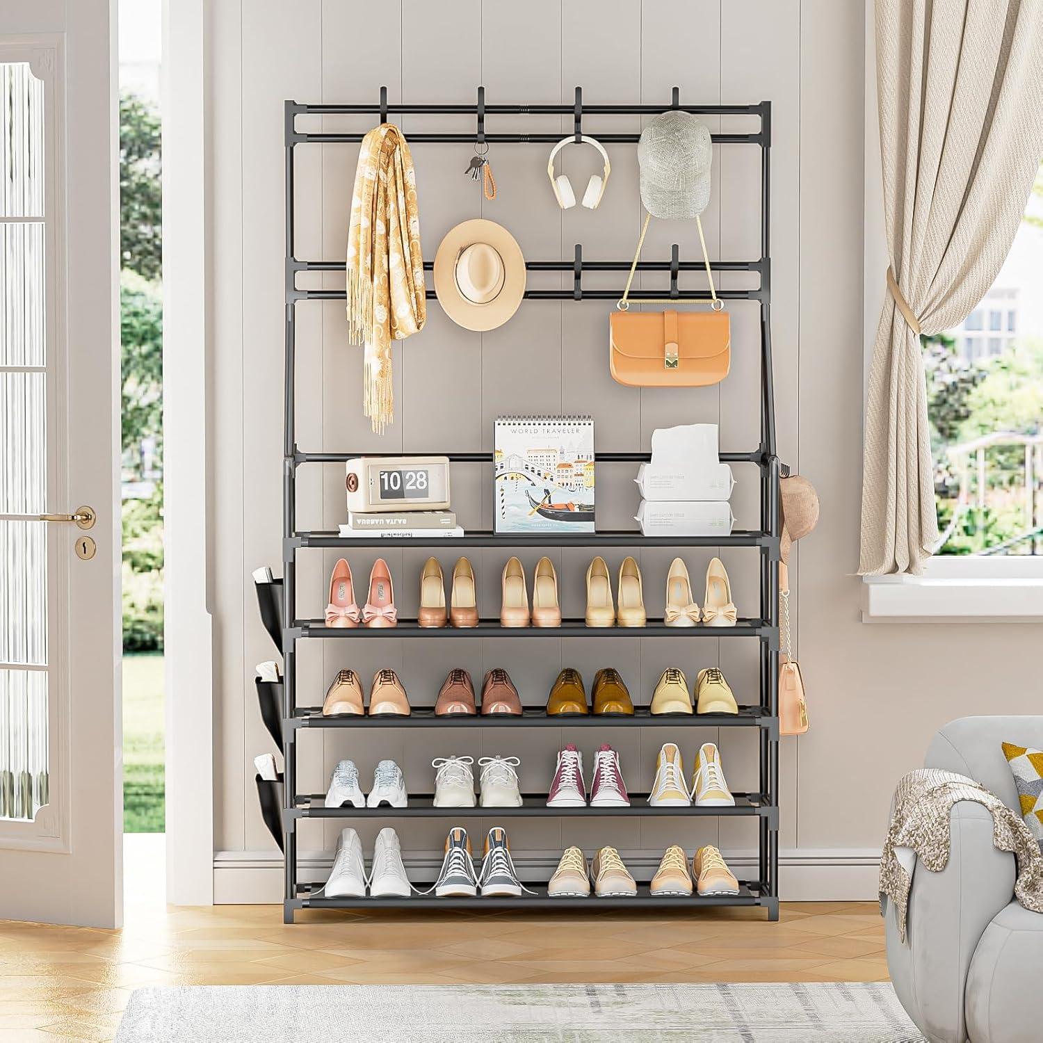 Estante para zapatos OYREL 5 niveles negro con ganchos y bolsillos