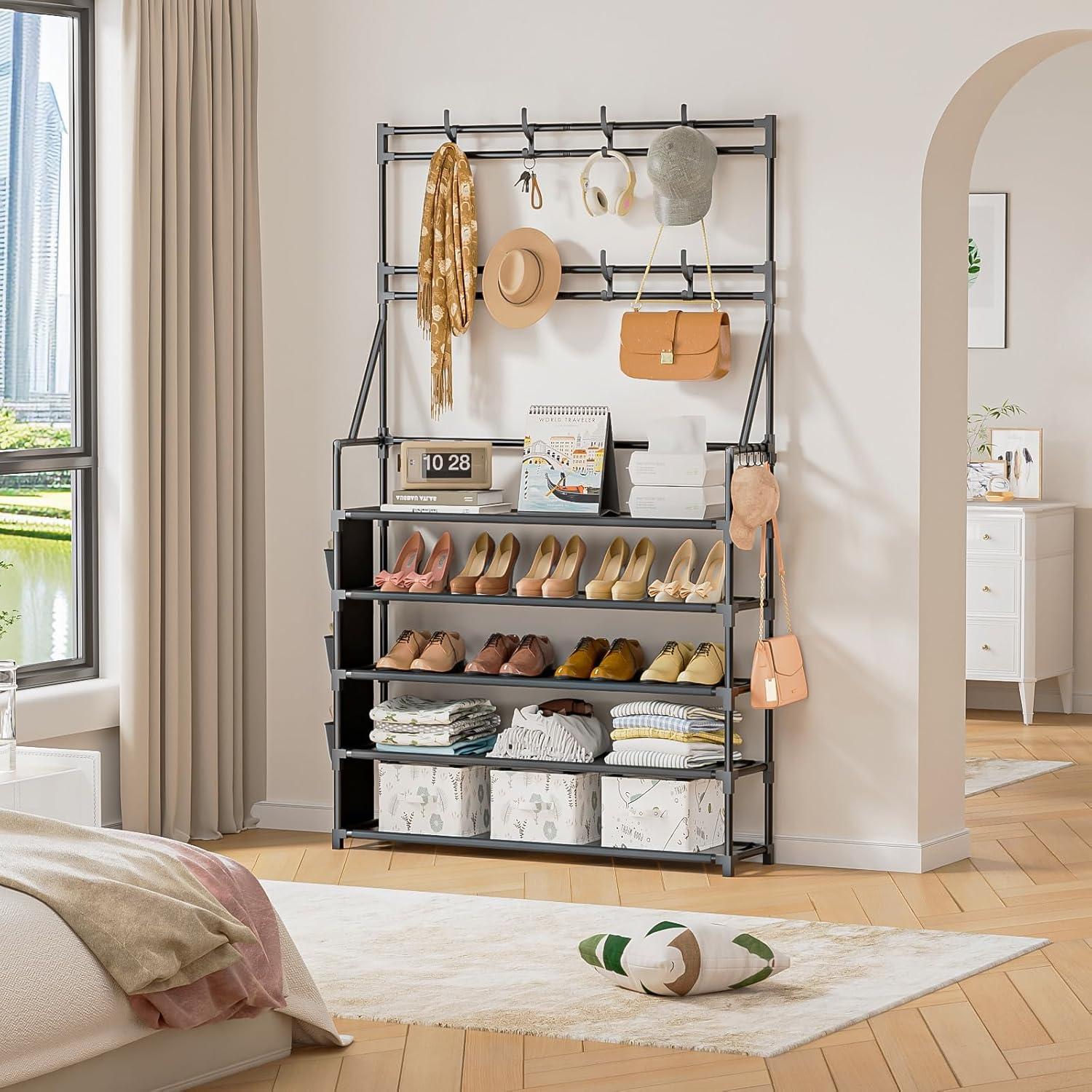 Estante para zapatos OYREL 5 niveles negro con ganchos y bolsillos