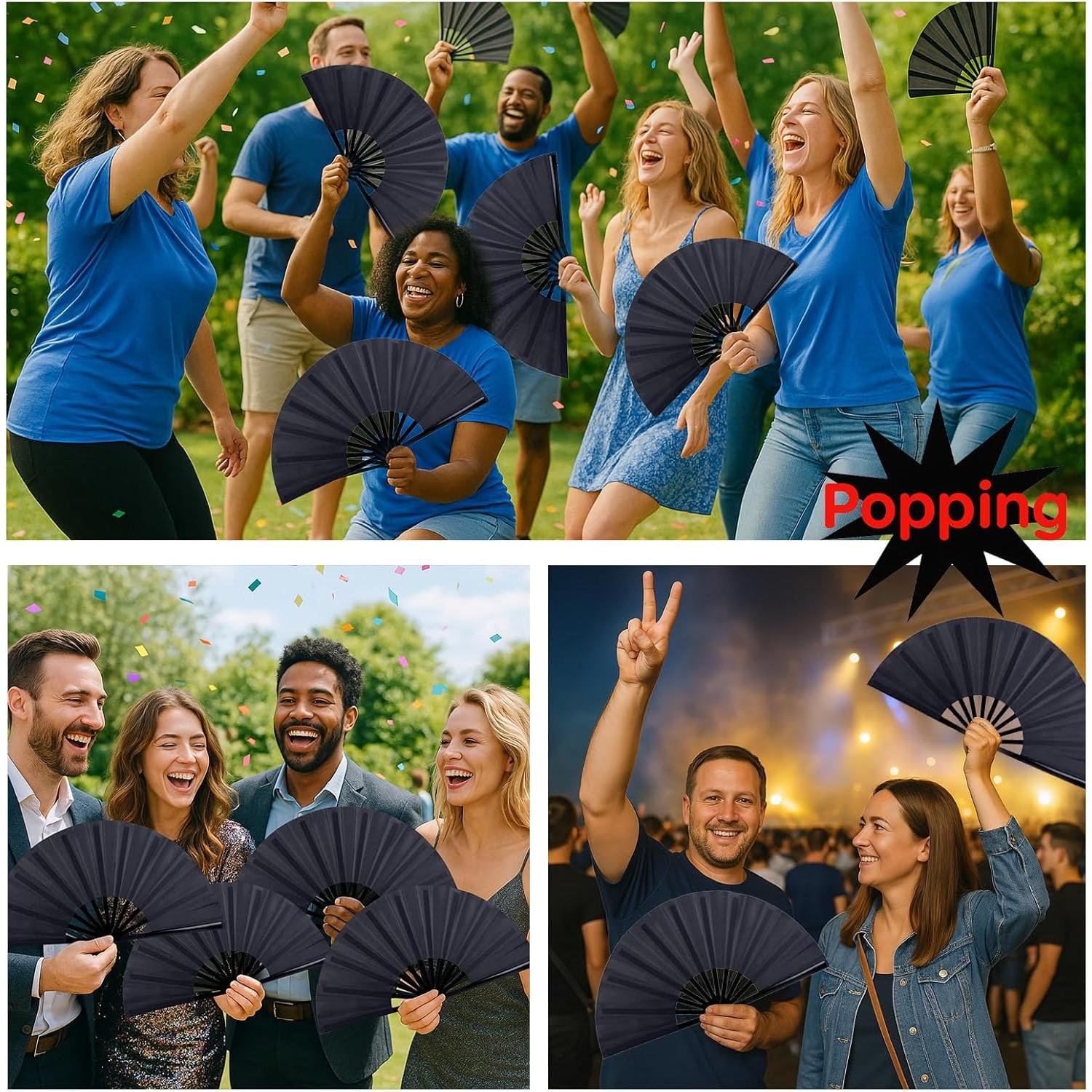 Abanicos Plegables JOHAUSE 3 Pcs 33cm Negros para Fiesta