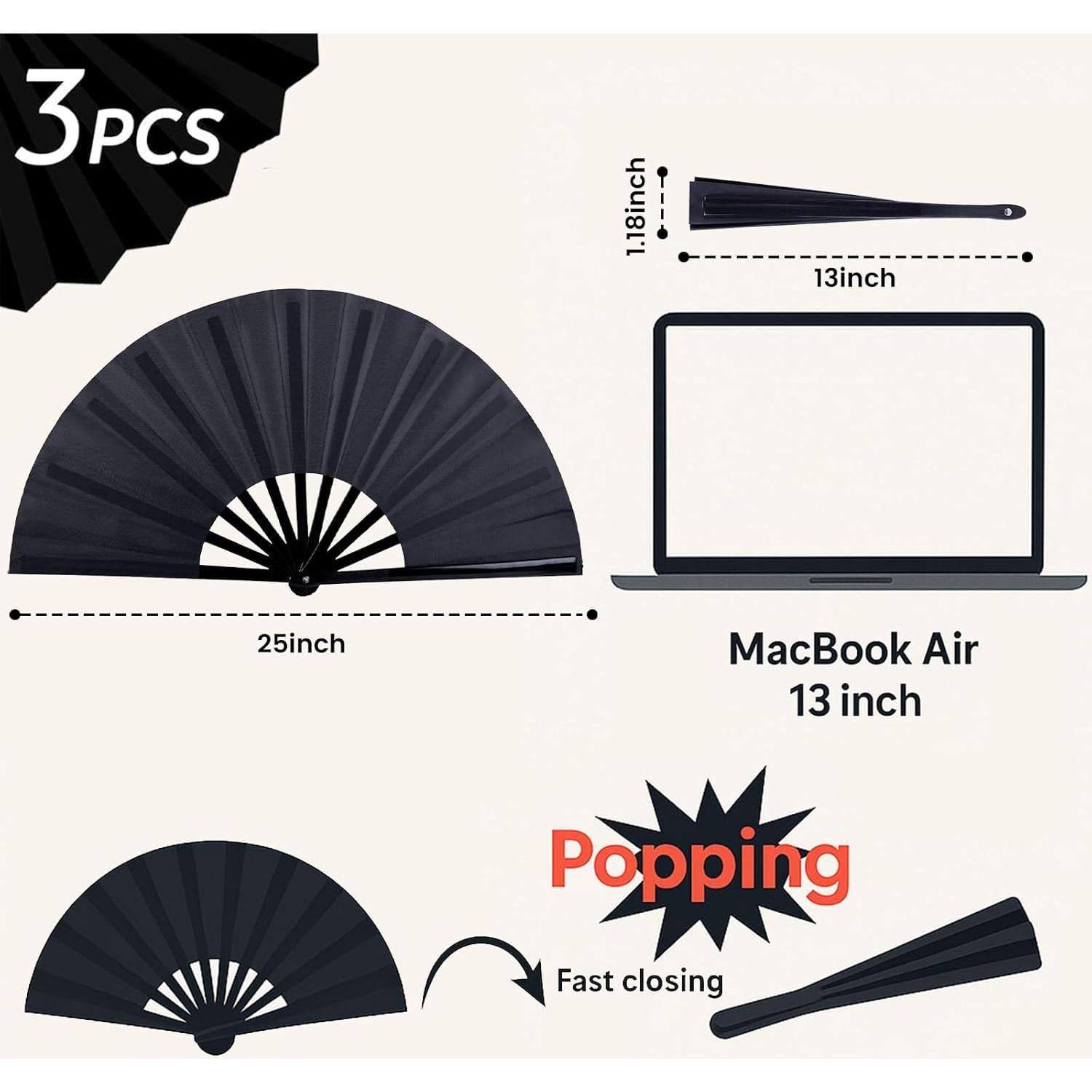 Abanicos Plegables JOHAUSE 3 Pcs 33cm Negros para Fiesta