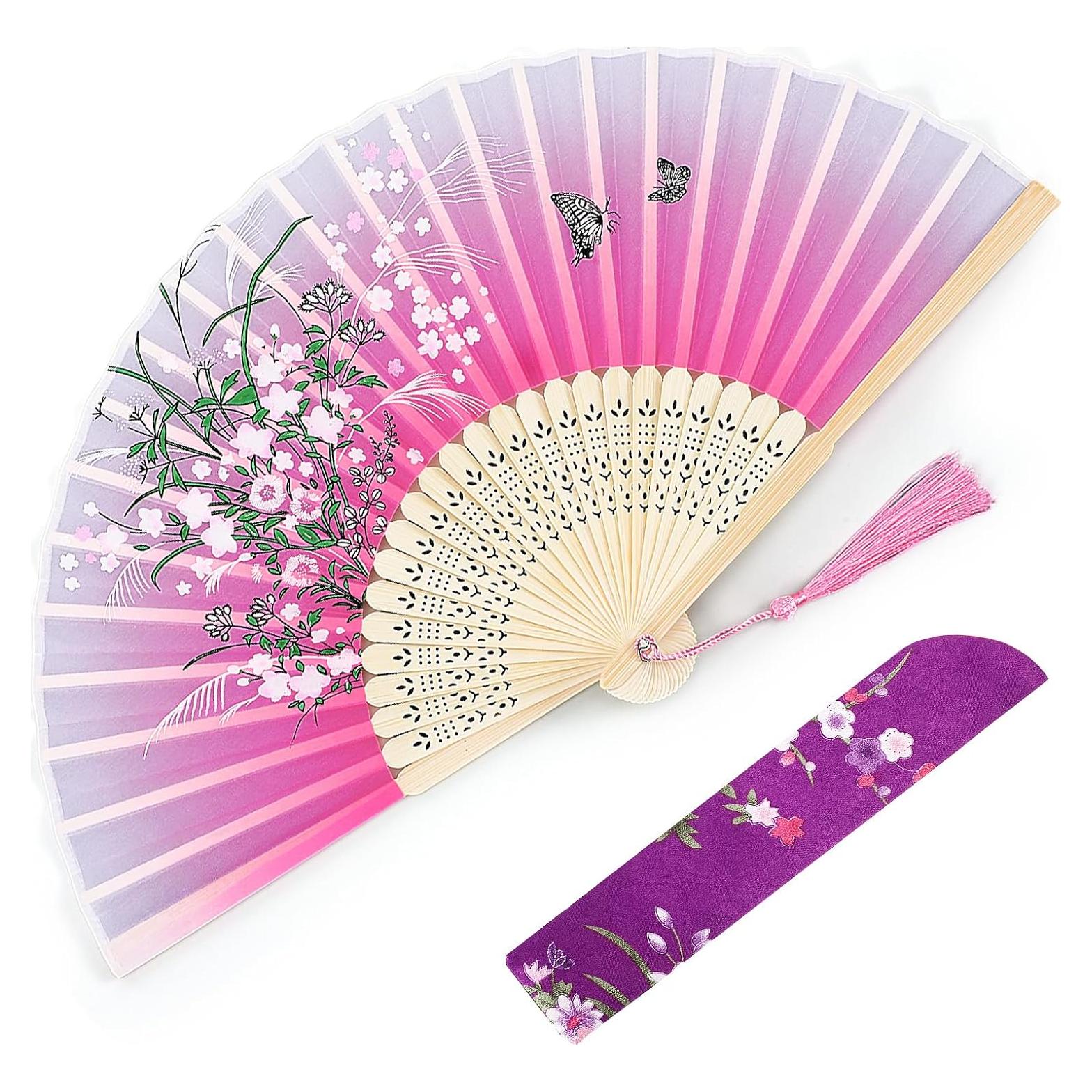 Abanico Plegable Floral de Bambú y Poliéster 37 cm - Skrfren