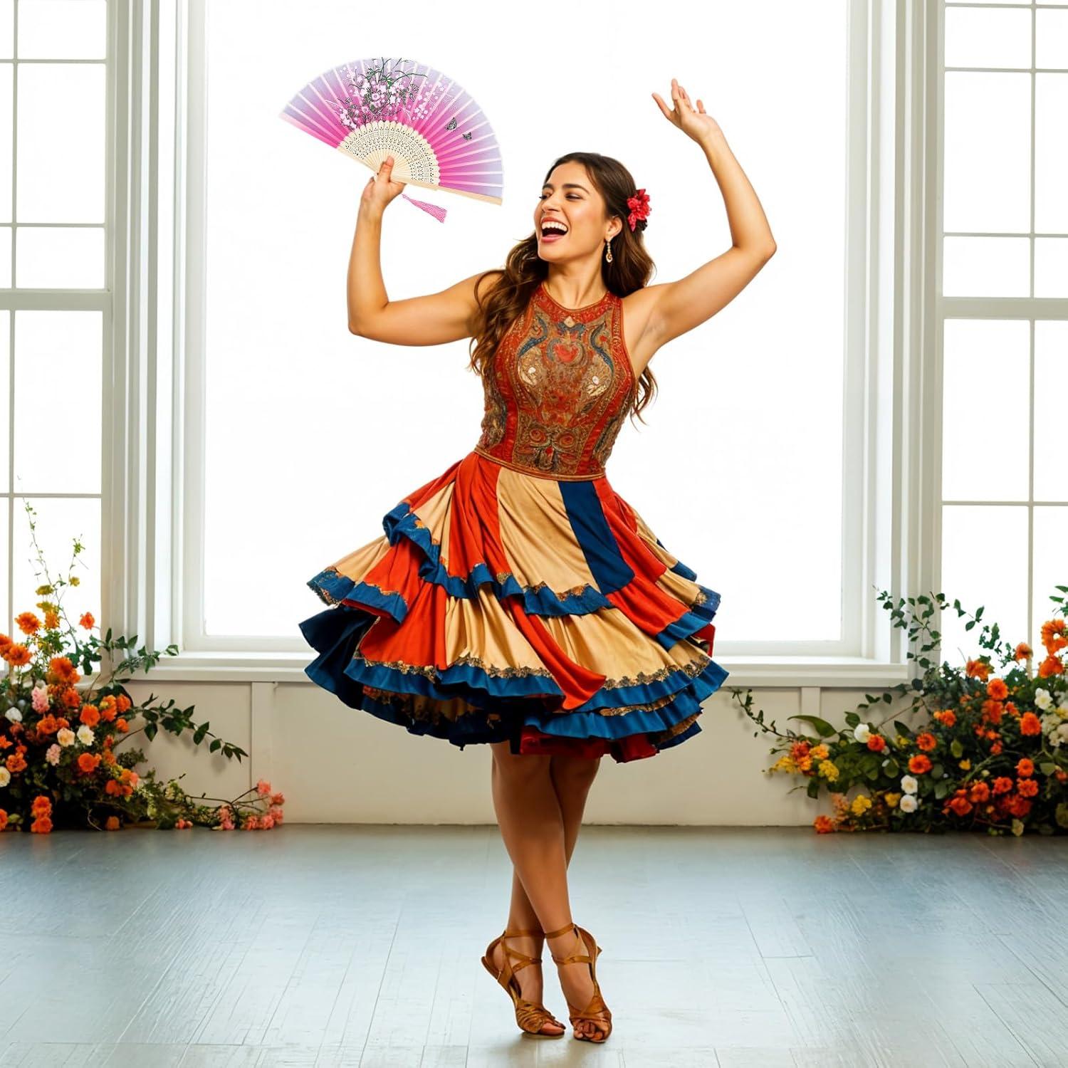 Abanico Plegable Floral de Bambú y Poliéster 37 cm - Skrfren