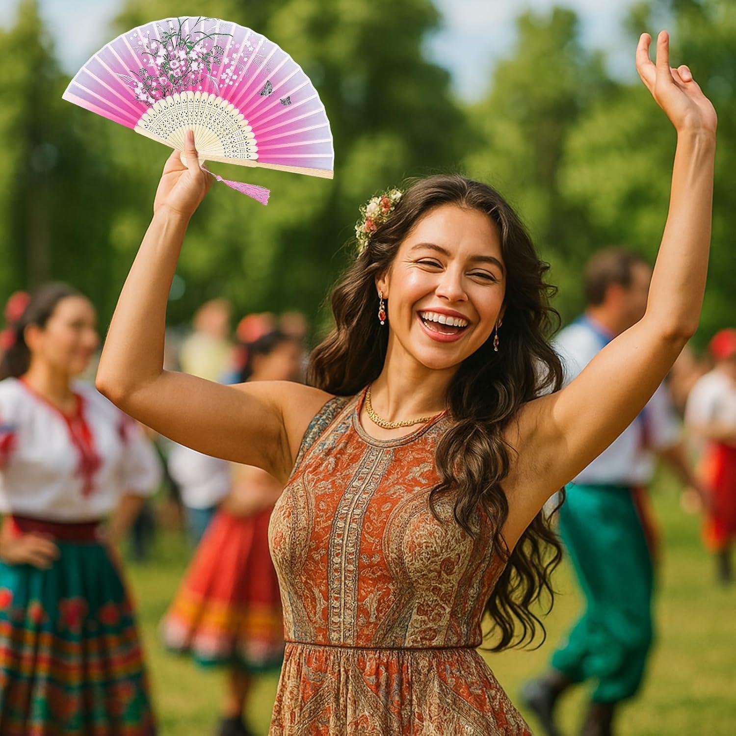 Abanico Plegable Floral de Bambú y Poliéster 37 cm - Skrfren