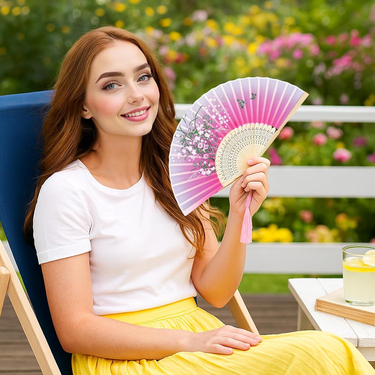 Abanico Plegable Floral de Bambú y Poliéster 37 cm - Skrfren