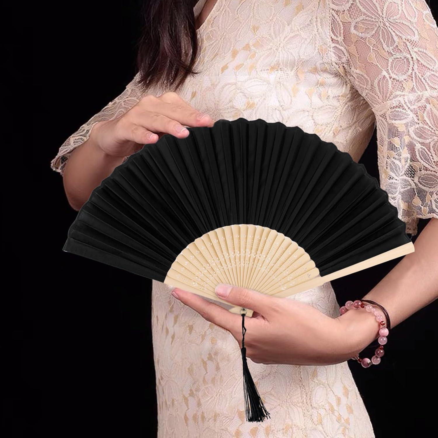 Conjunto de 2 Abanicos de Seda YOLCAR Negro y Blanco 38x21cm