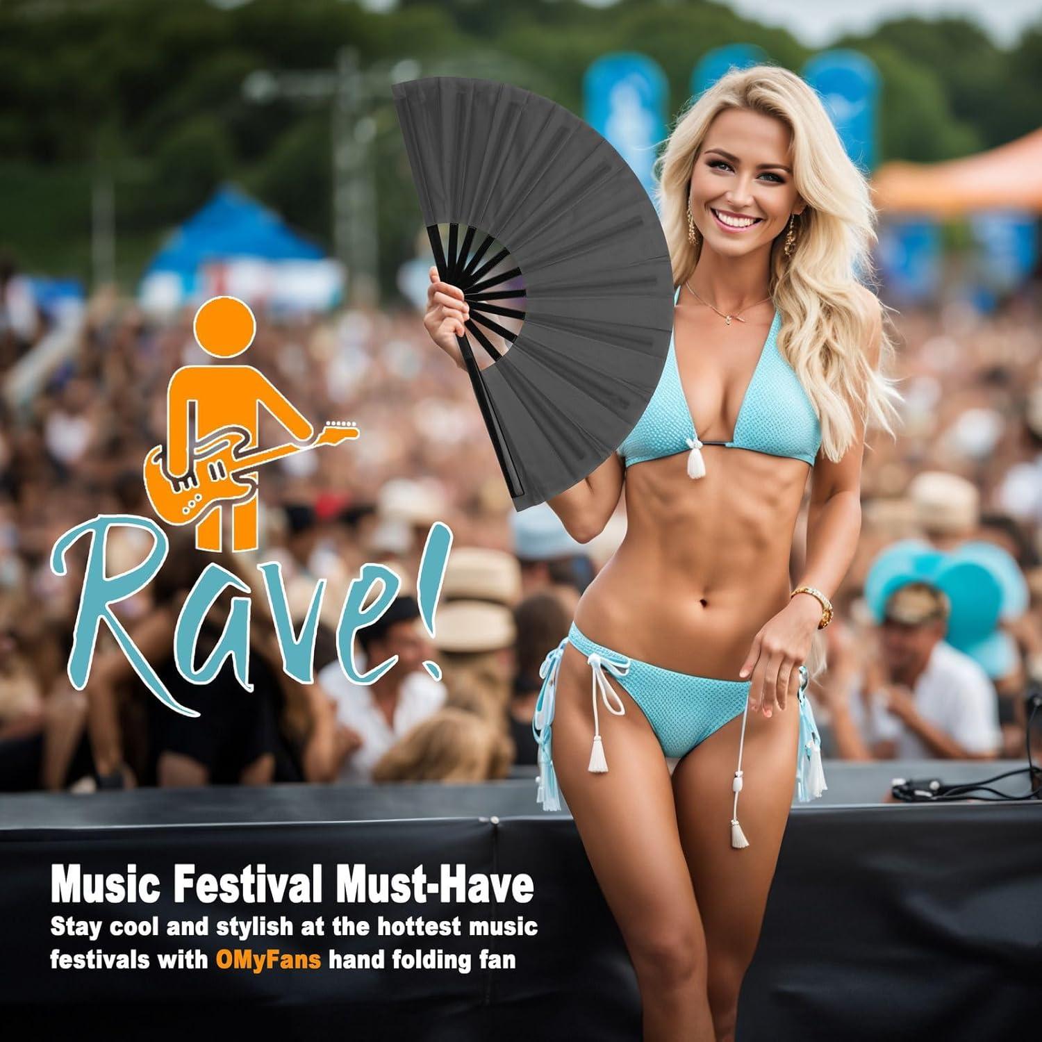 Abanico Plegable OMyFans Negro 64.8 cm para Rave y Baile