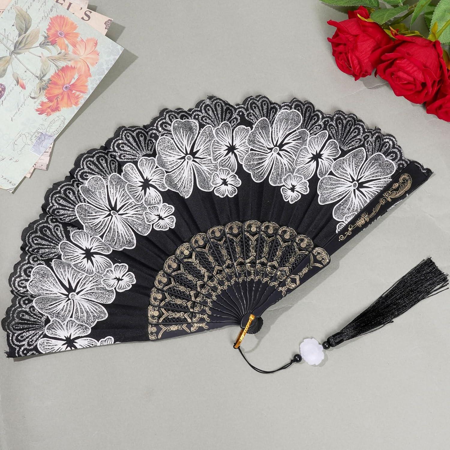 Abanico Plegable Chino Choyaxo Flores 24x43 cm Blanco