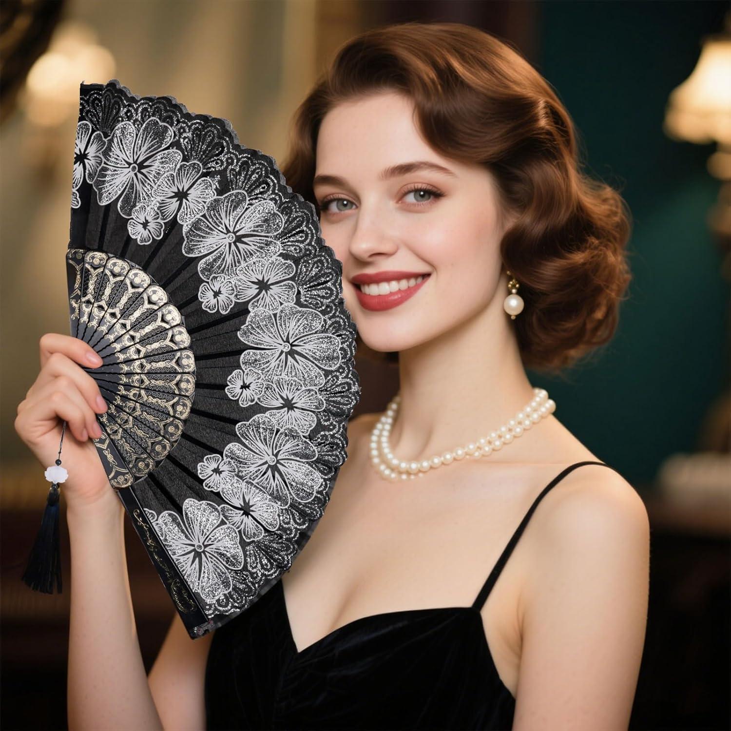 Abanico Plegable Chino Choyaxo Flores 24x43 cm Blanco