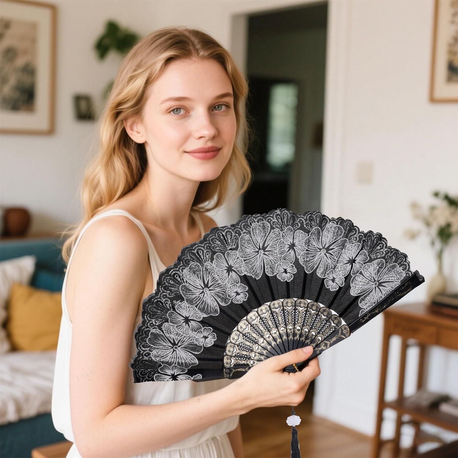 Abanico Plegable Chino Choyaxo Flores 24x43 cm Blanco