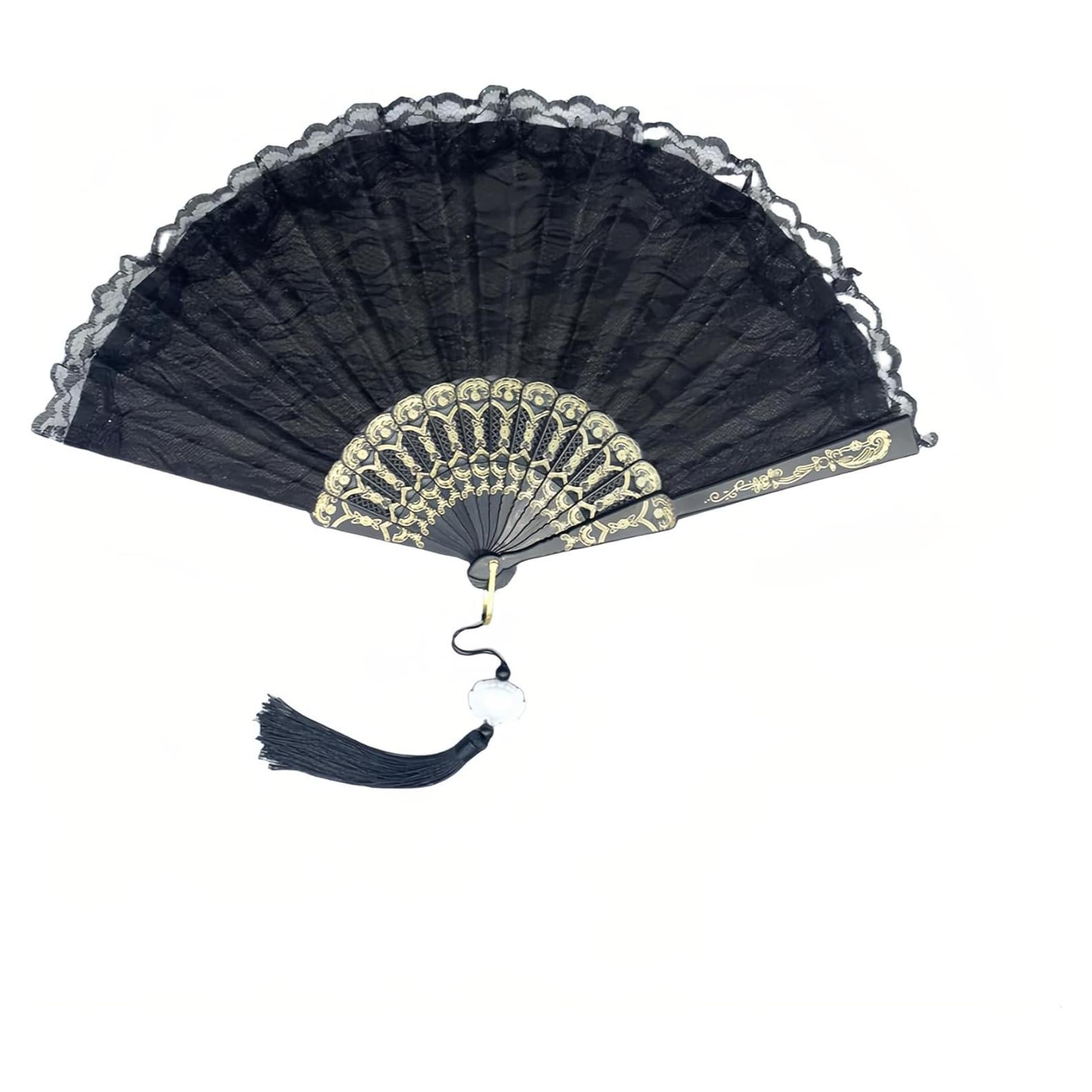 Abanico Plegable Vintage Chinshwehaw Negro con Encaje y Bordado